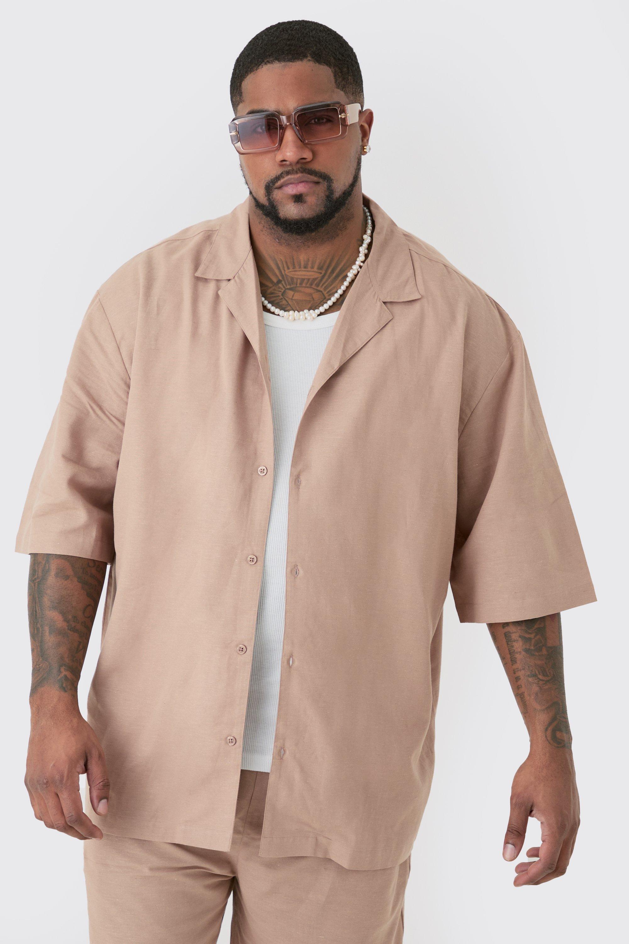 Image of Plus Linen Oversized Revere Shirt In Taupe, Beige