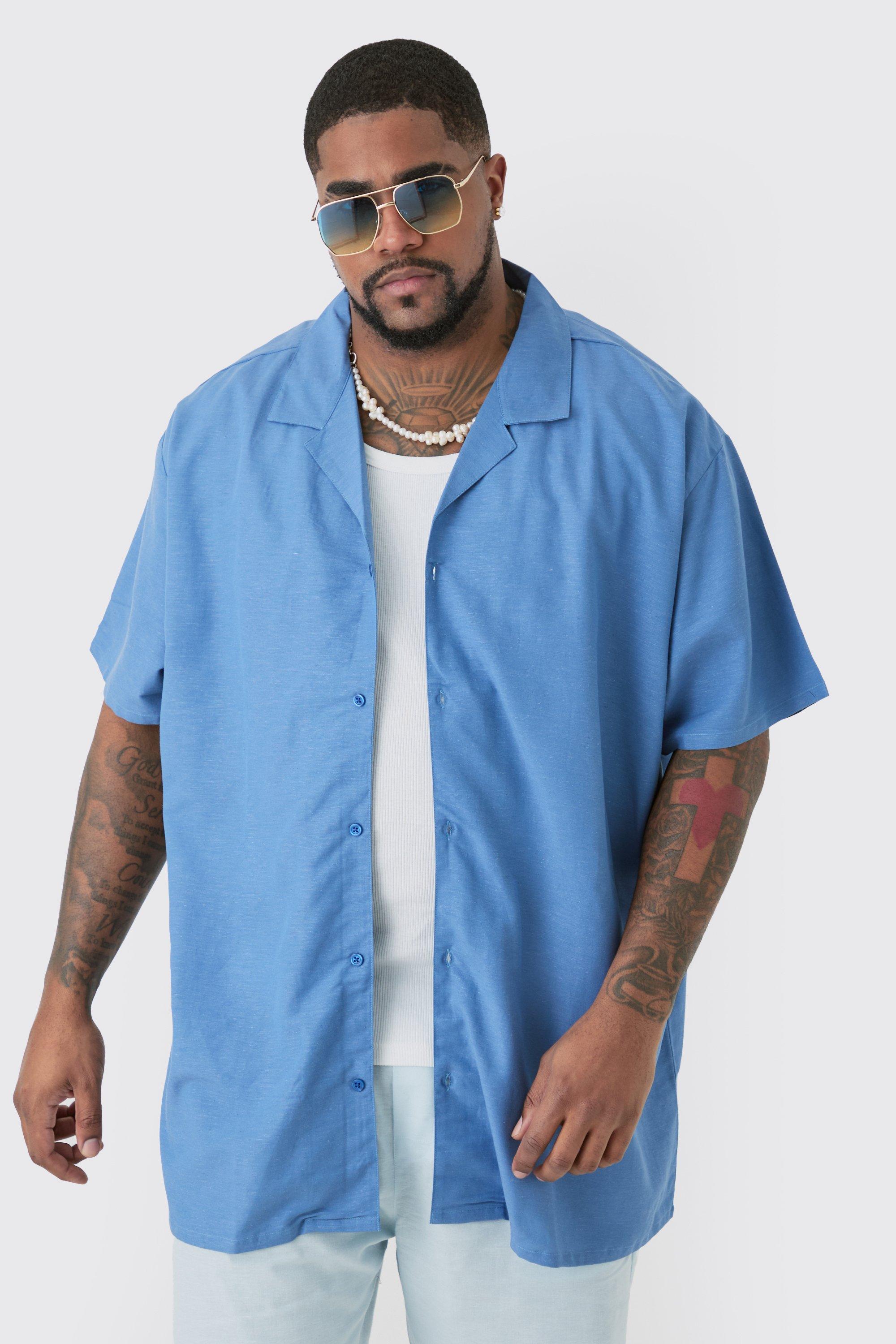 Mens Plus Linen Oversized Revere Shirt In Blue, Blue