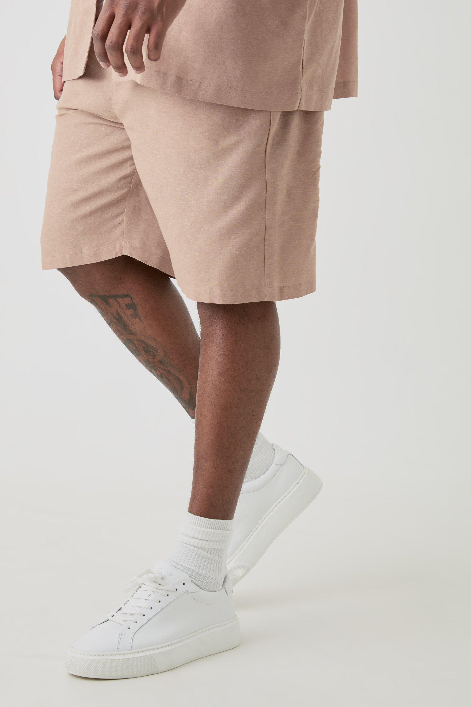 Image of Plus Elasticated Waist Linen Comfort Shorts In Taupe, Beige