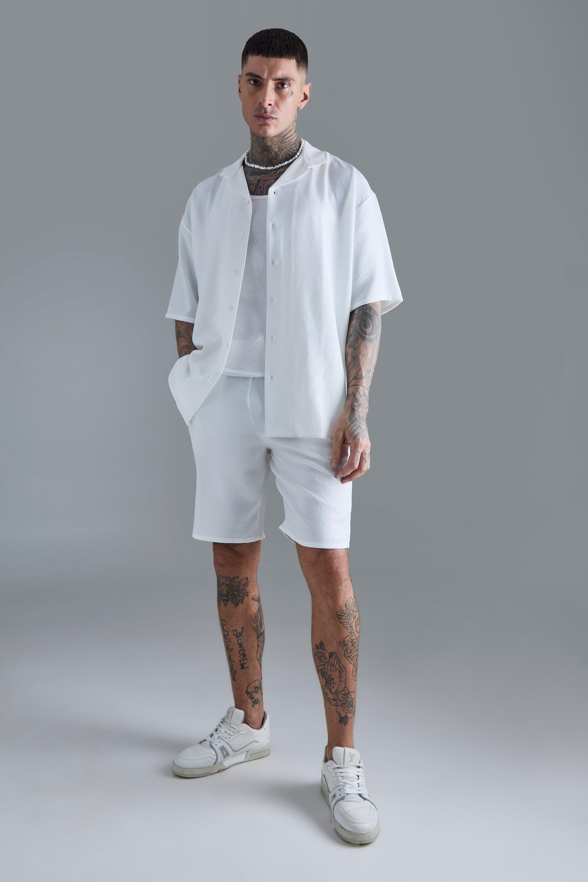 Mens Tall Short Sleeve Drop Revere Linen Shirt & Short Set In White, White