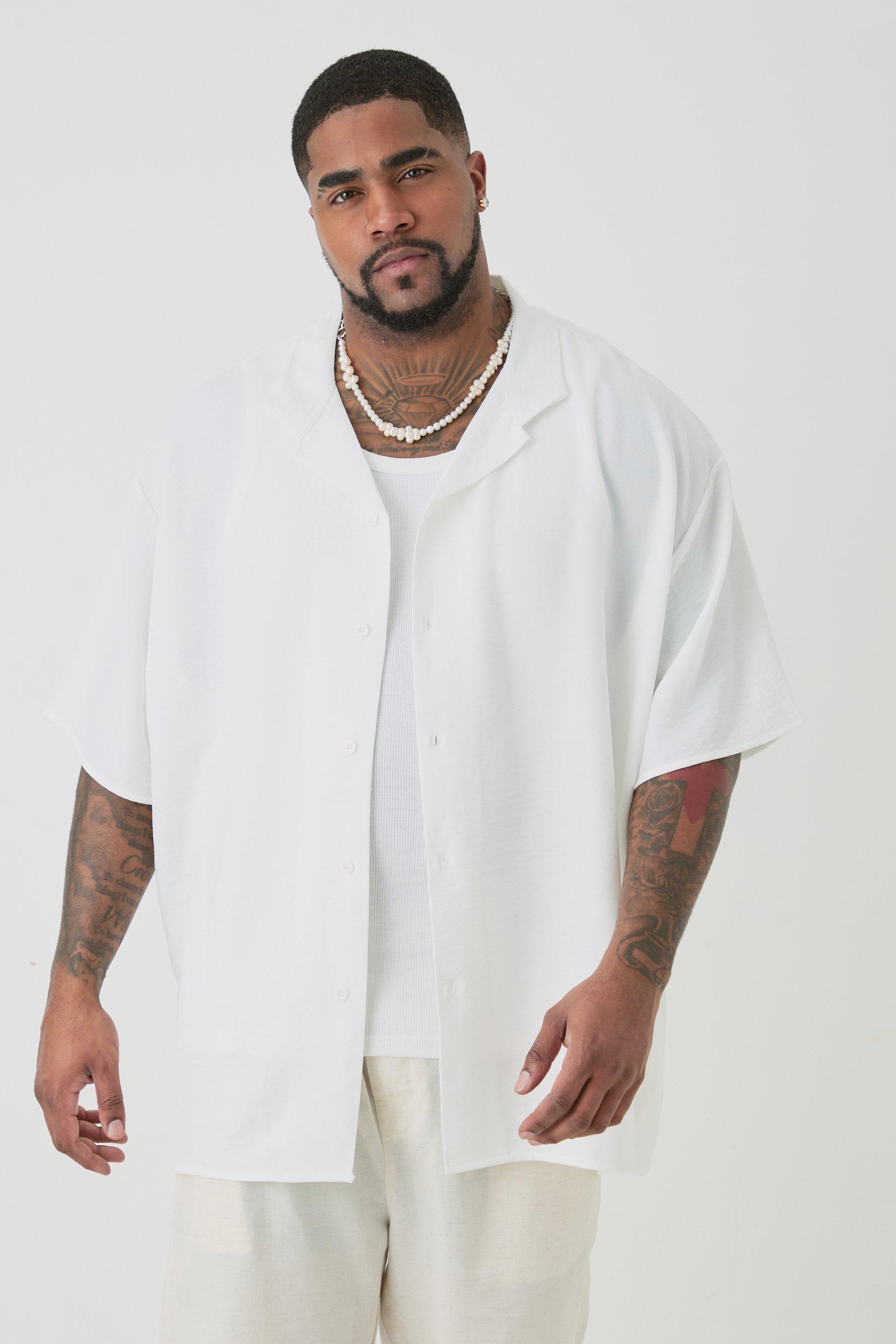 Image of Plus Short Sleeve Oversized Linen Shirt In White, Bianco