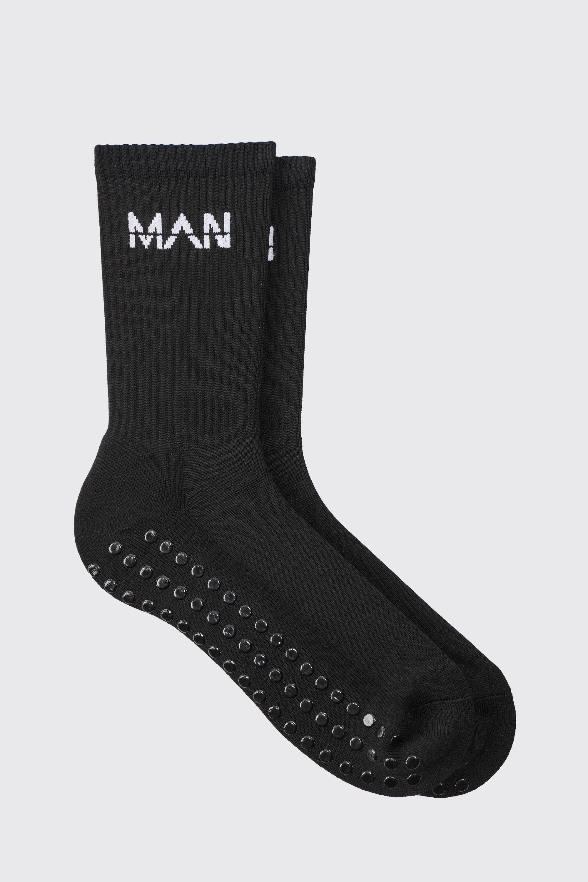 Mens Black Man Active Training Grip Crew Socks, Black