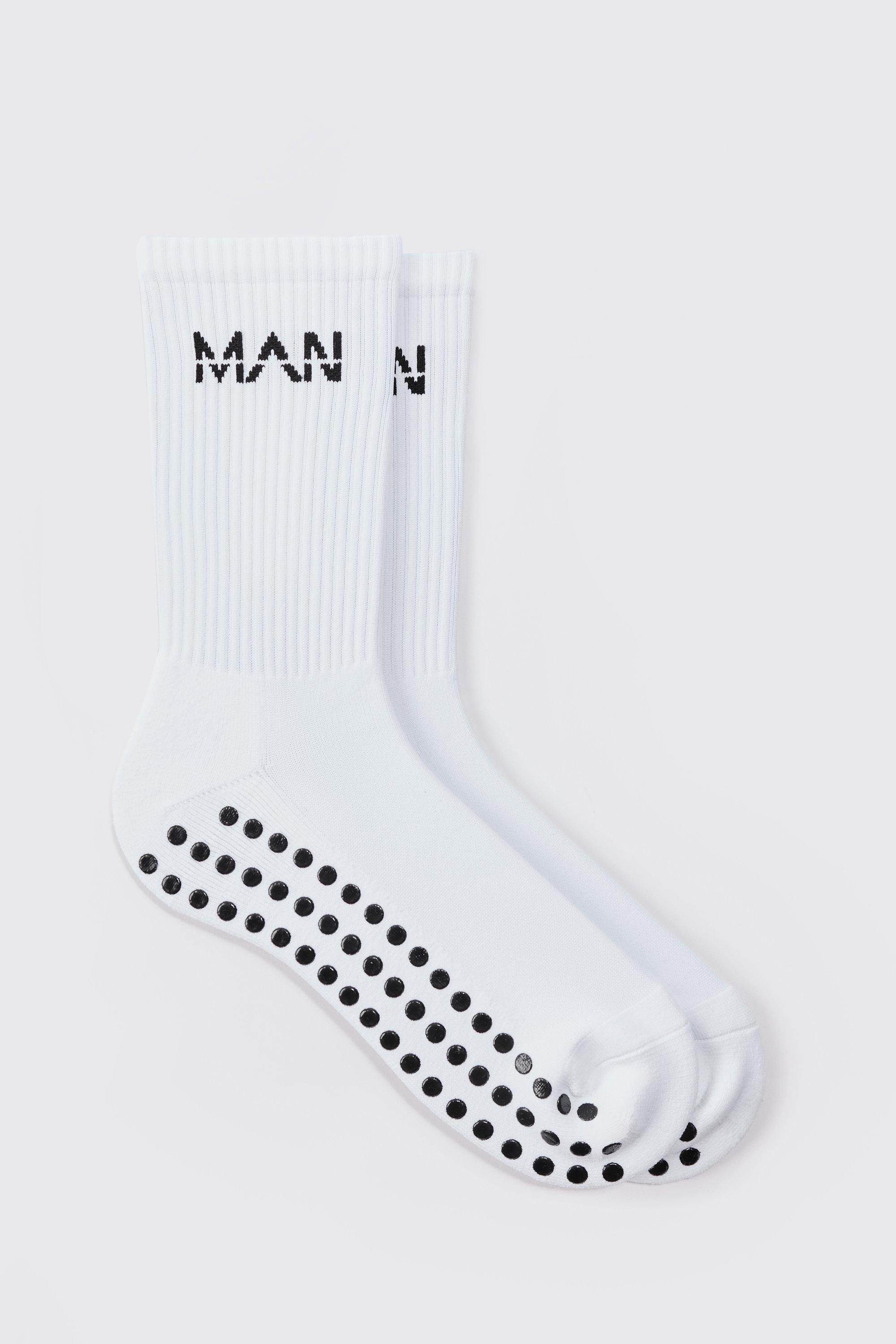 Mens White Man Active Training Grip Crew Socks, White