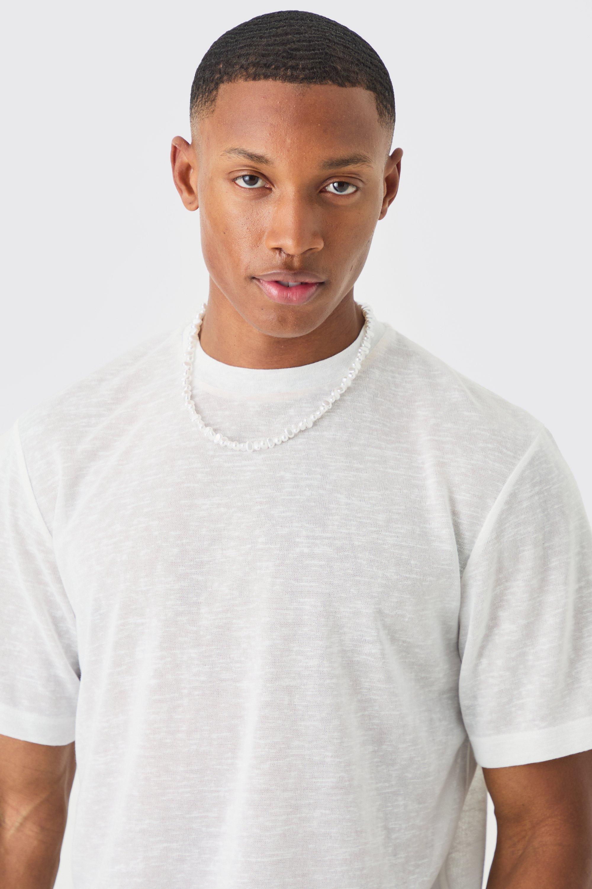 Image of Regular Fit Sheer Knitted Slub T-shirt, Bianco