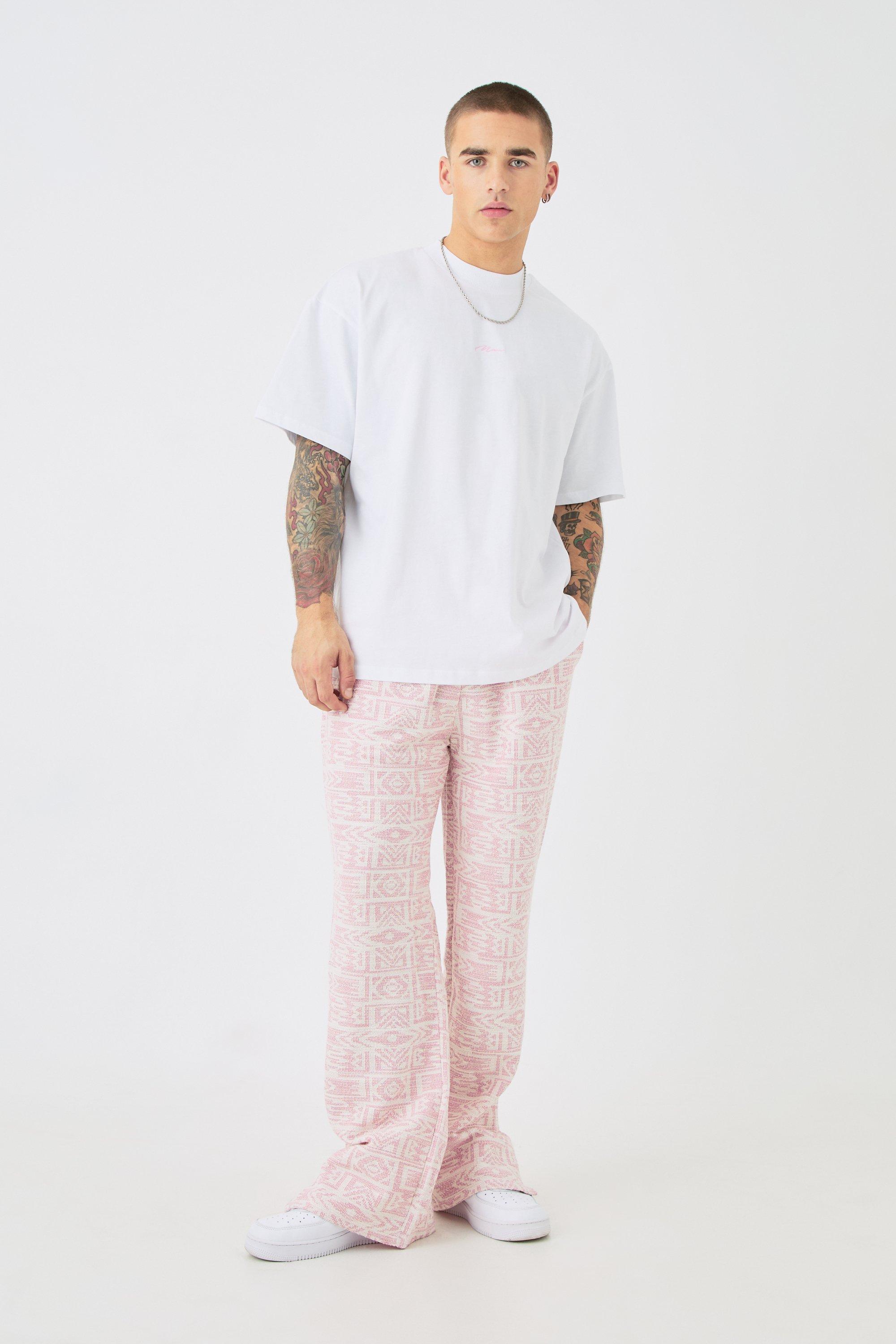Image of Man Oversized Extended Neck T-shirt & Jacquard Jogger Set, Pink