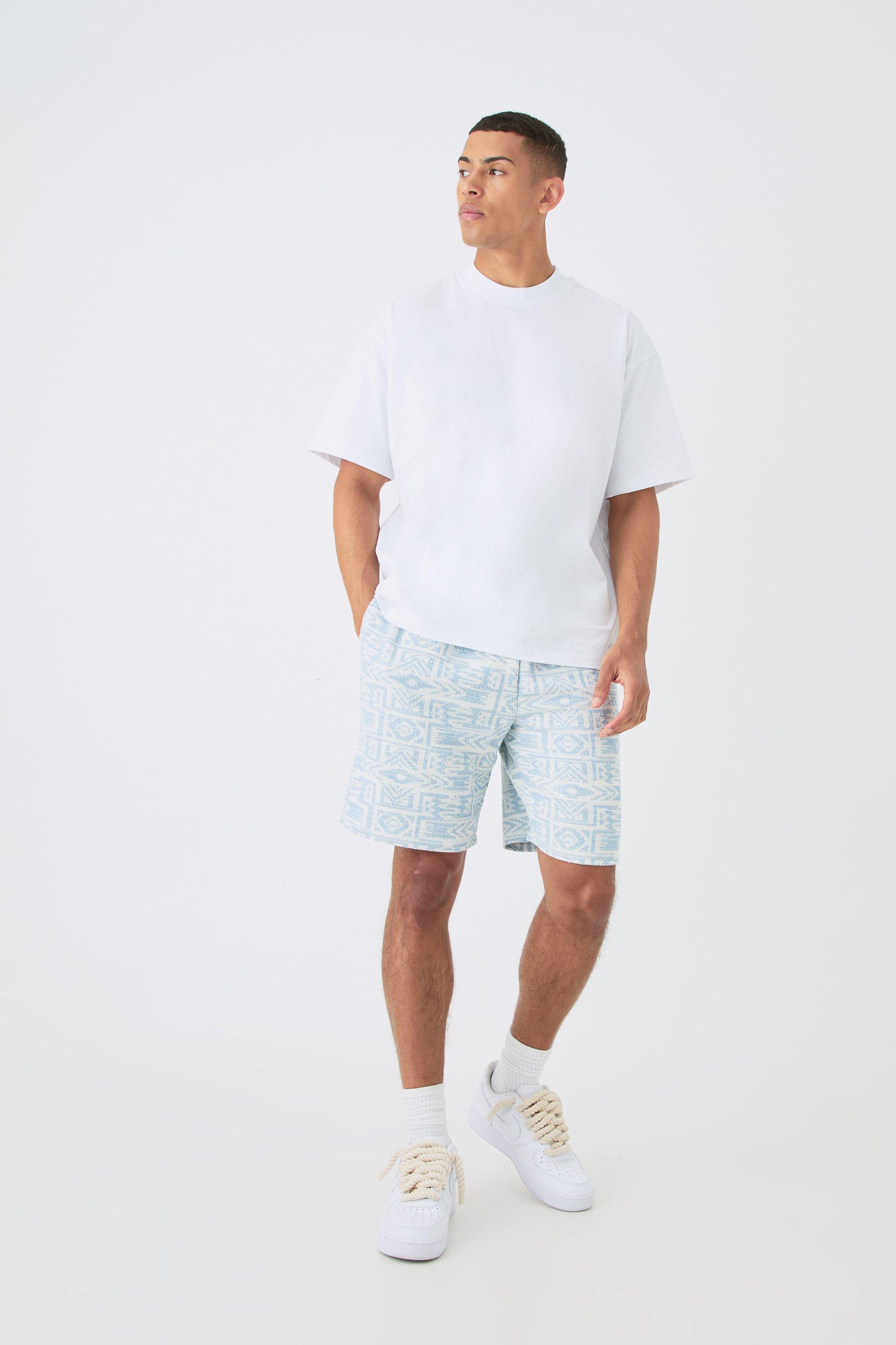Image of Set T-shirt oversize Man con girocollo esteso & pantaloncini in jacquard, Azzurro