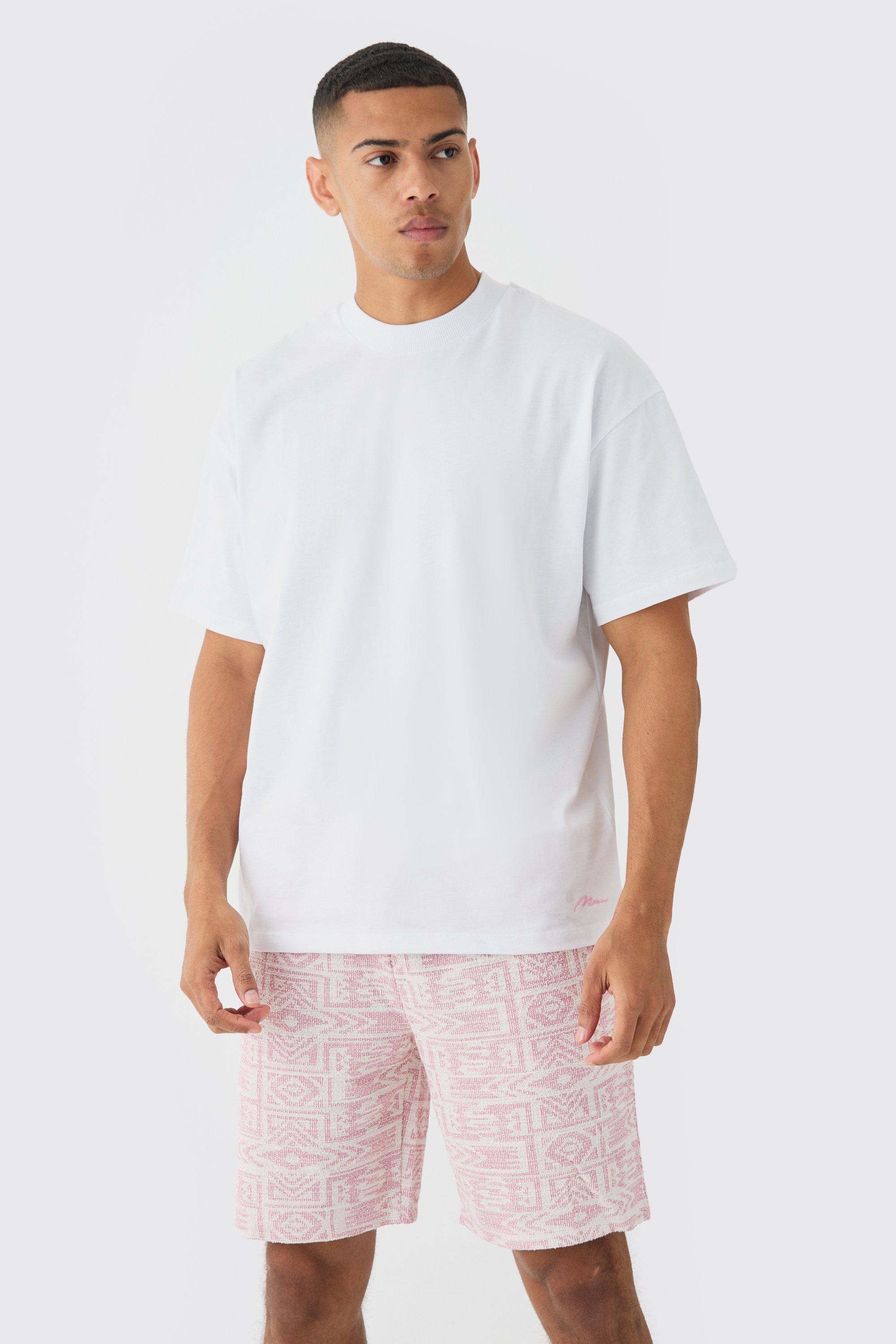 Image of Man Oversized Extended Neck T-shirt And Jacquard Shorts Set, Pink
