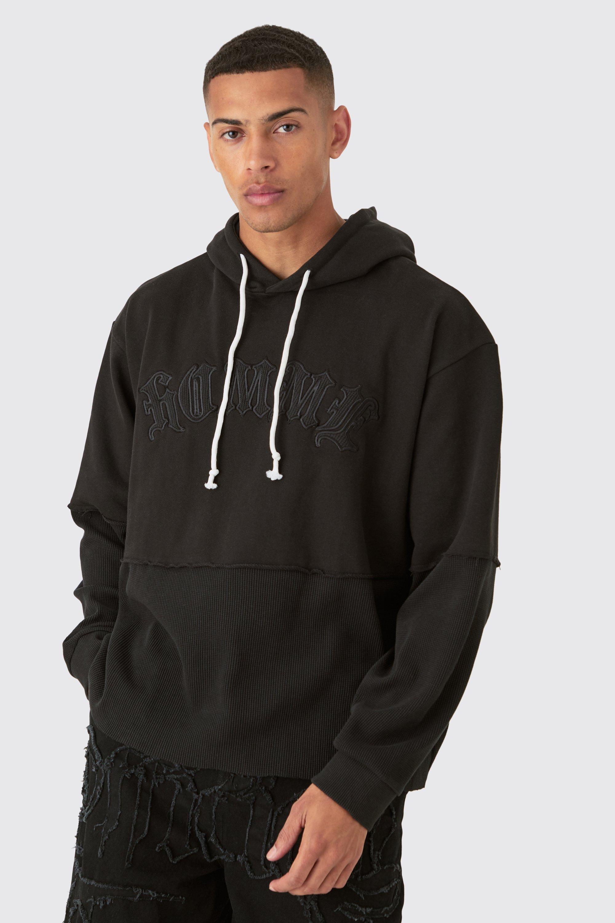 Image of Oversized Faux Layer Homme Waffle Hoodie, Nero