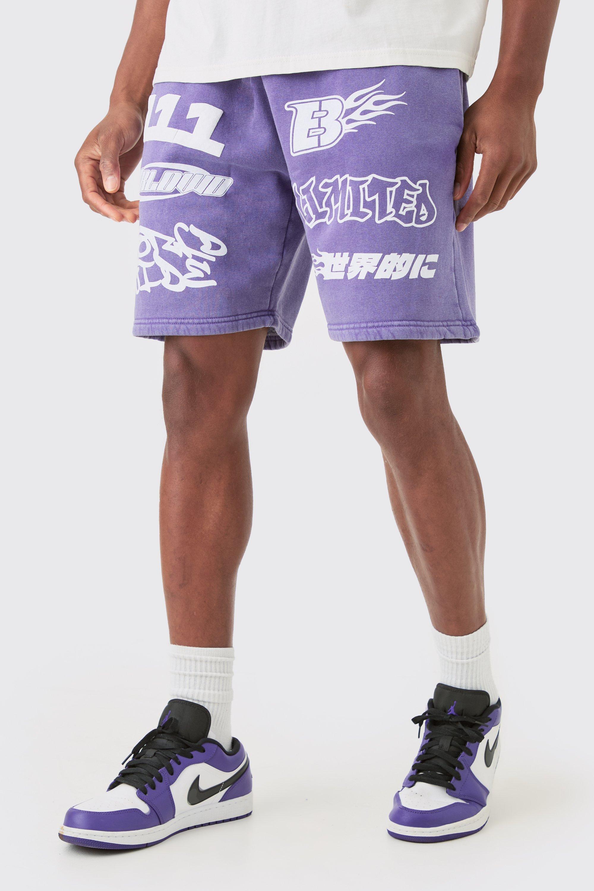Image of Pantaloncini rilassati slavati con stampa di moto a caratteri arrotondati, Purple