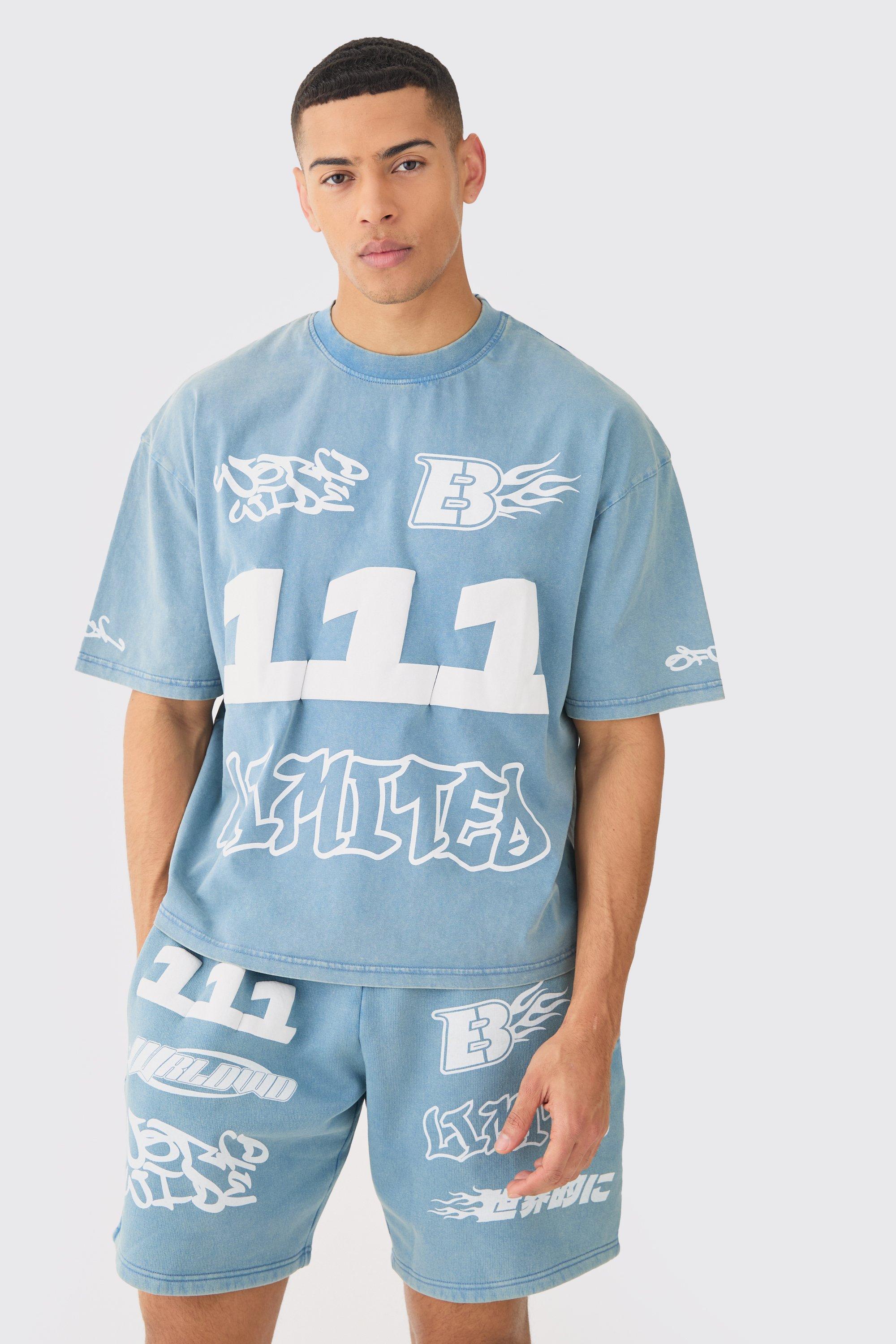 Image of T-shirt squadrata oversize slavata con stampa di moto a caratteri arrotondati e girocollo esteso, Azzurro