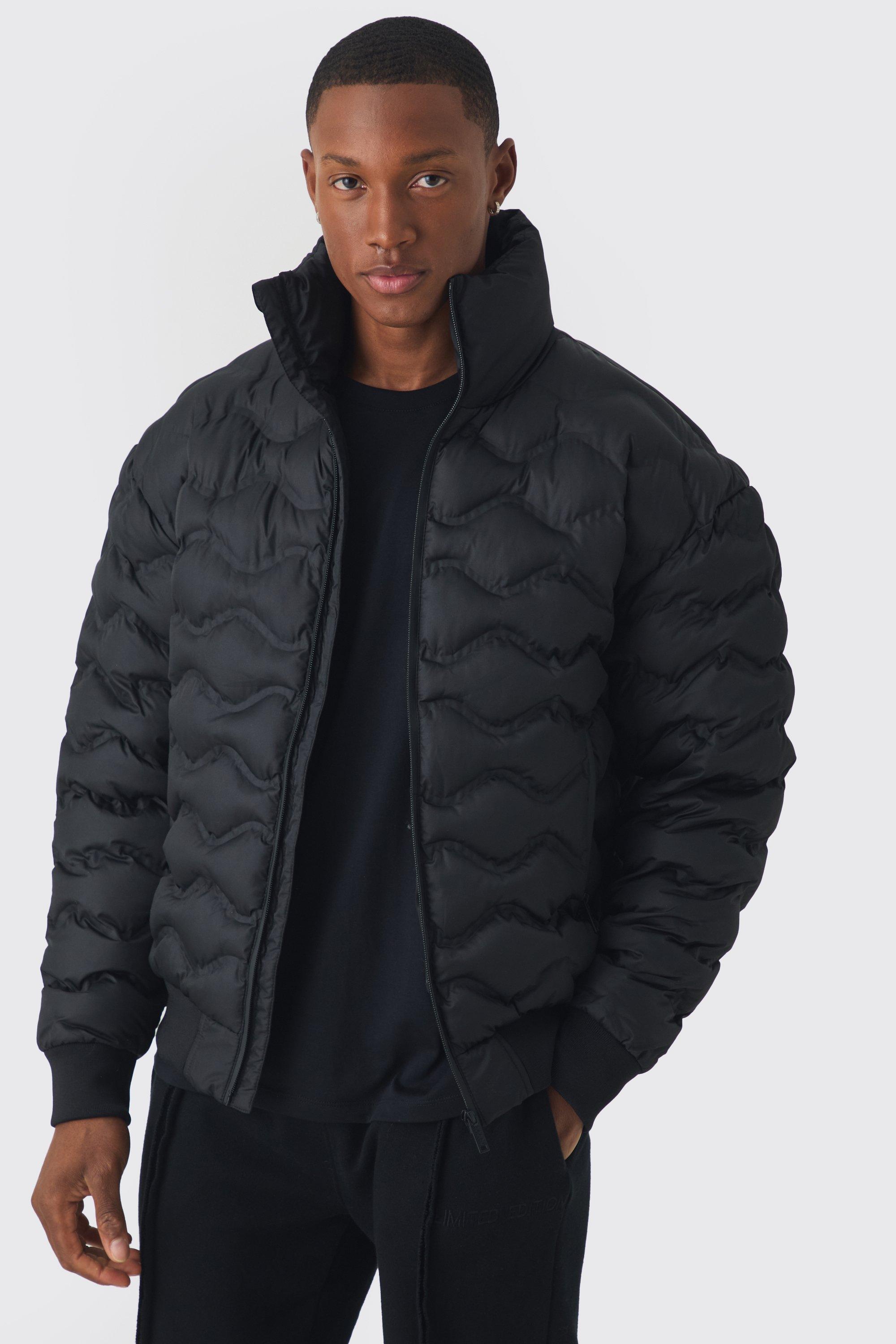 Mens Quilted Padded Bomber Jacket In Black, Black