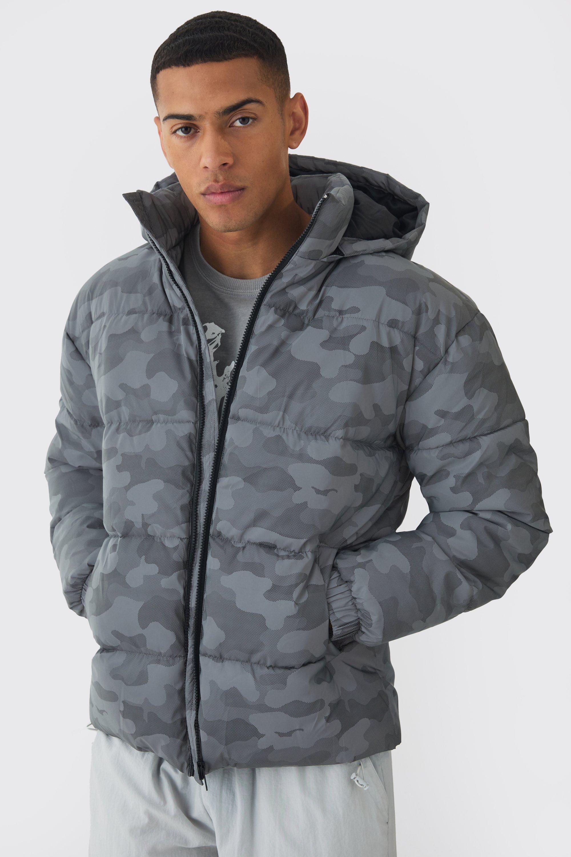 Cappotto piumino in fantasia militare riflettente con cappuccio, Grigio