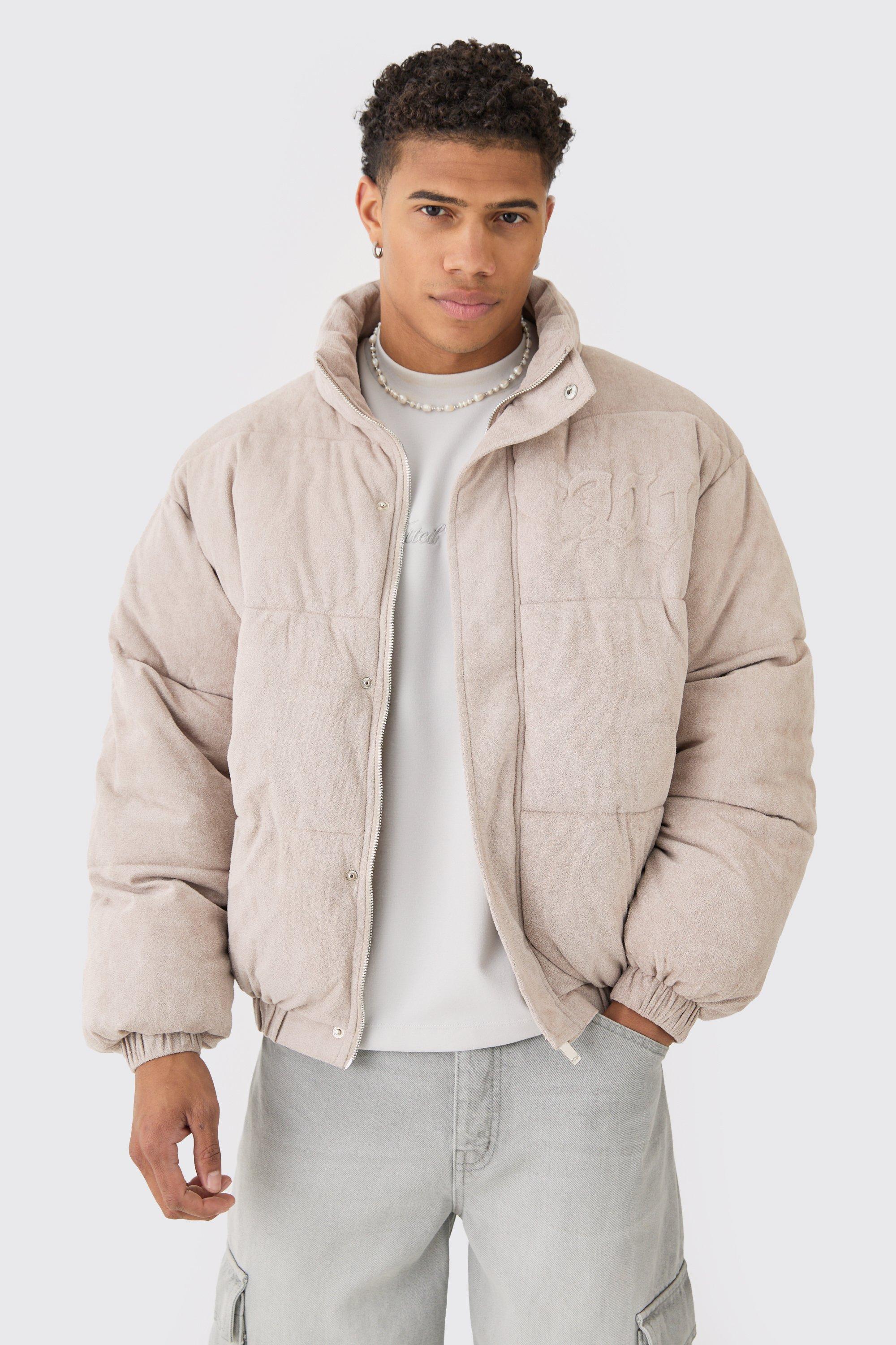 Mens Beige Oversized Faux Suede Worldwide Funnel Neck Puffer In Stone, Beige