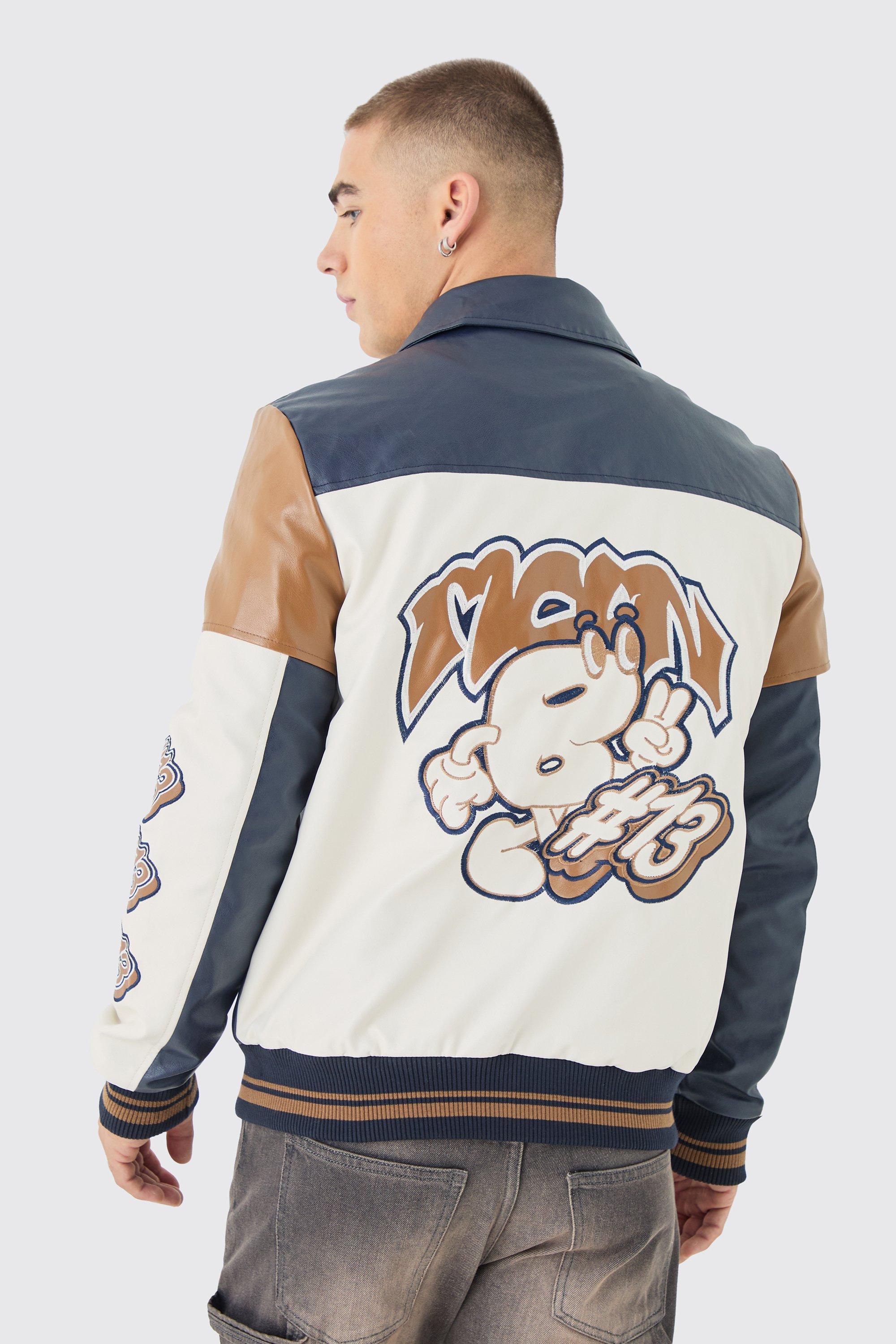 Mens Badge Detail Colour Block Pu Varsity Jacket In Navy, Navy