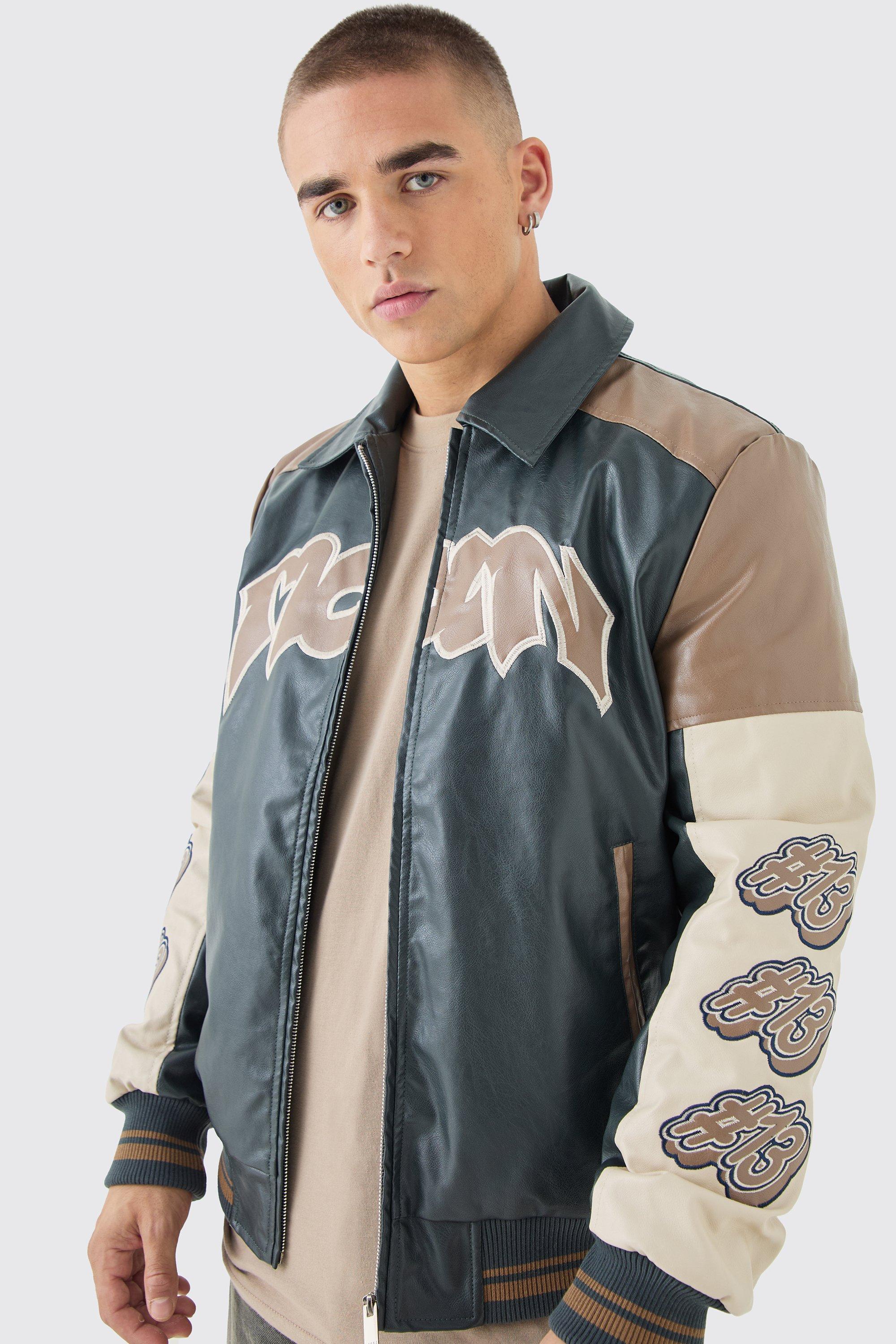 Mens Badge Detail Colour Block Pu Varsity Jacket In Black, Black