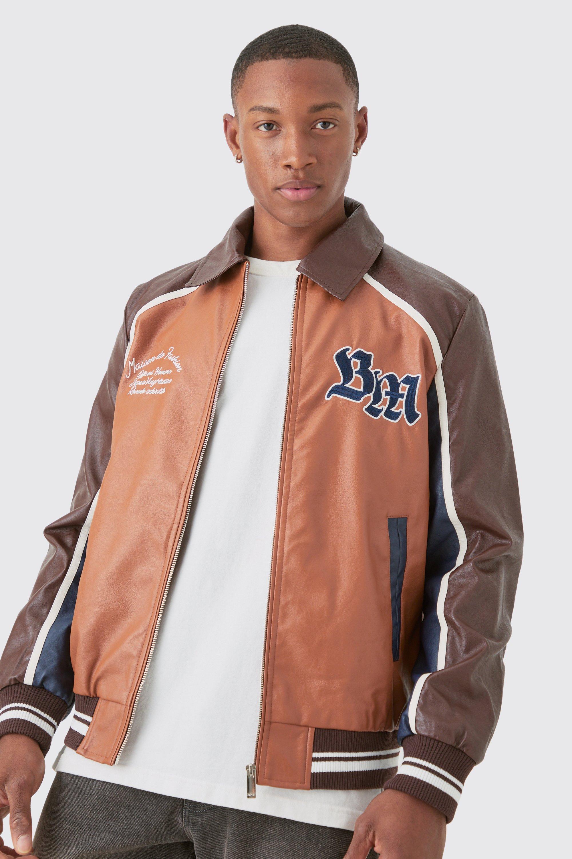 Giacca stile Varsity in PU marrone con stemma Bm, Brown