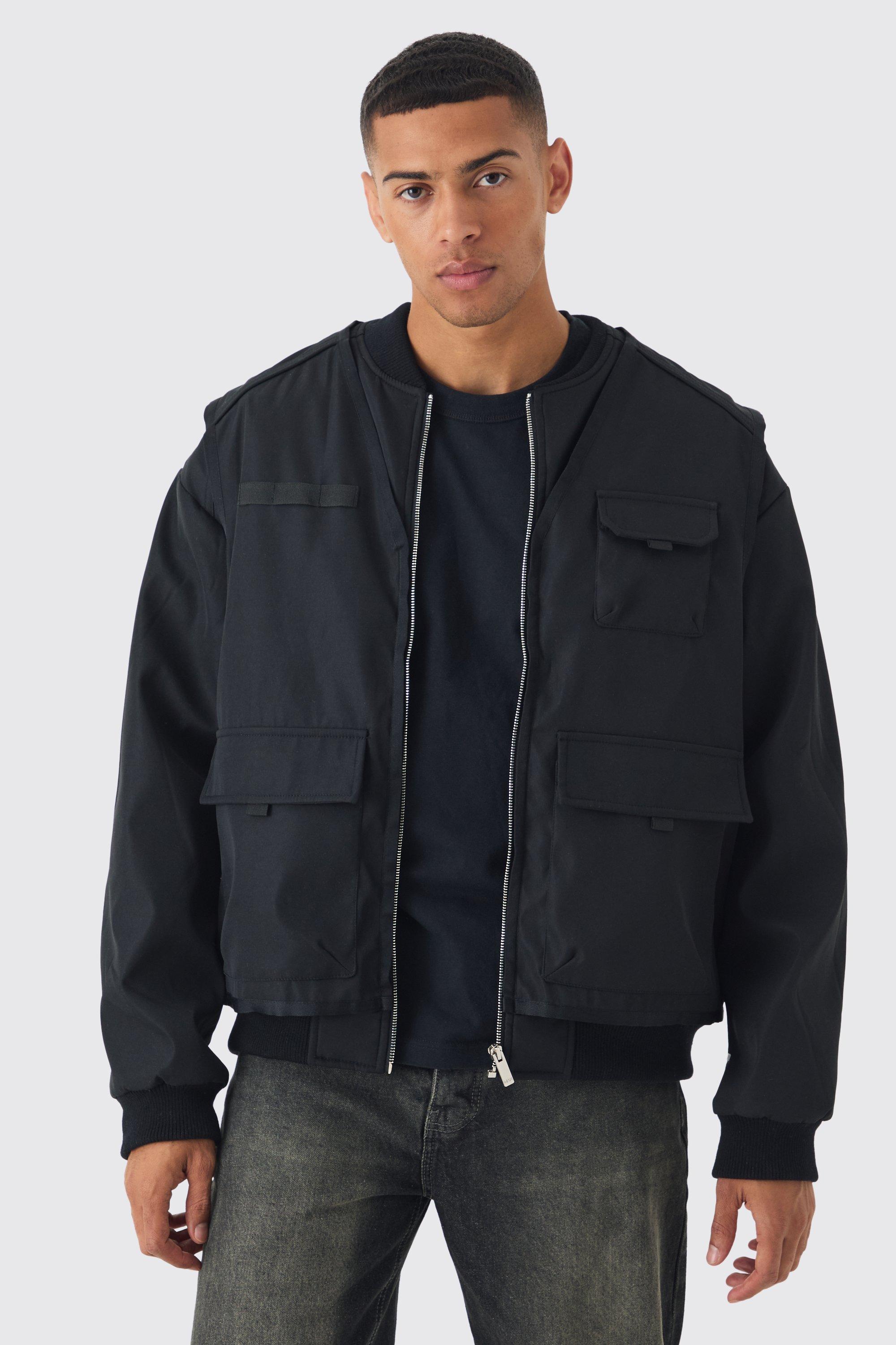 Giacca Bomber stile Utility con finto doppio livello nero, Nero