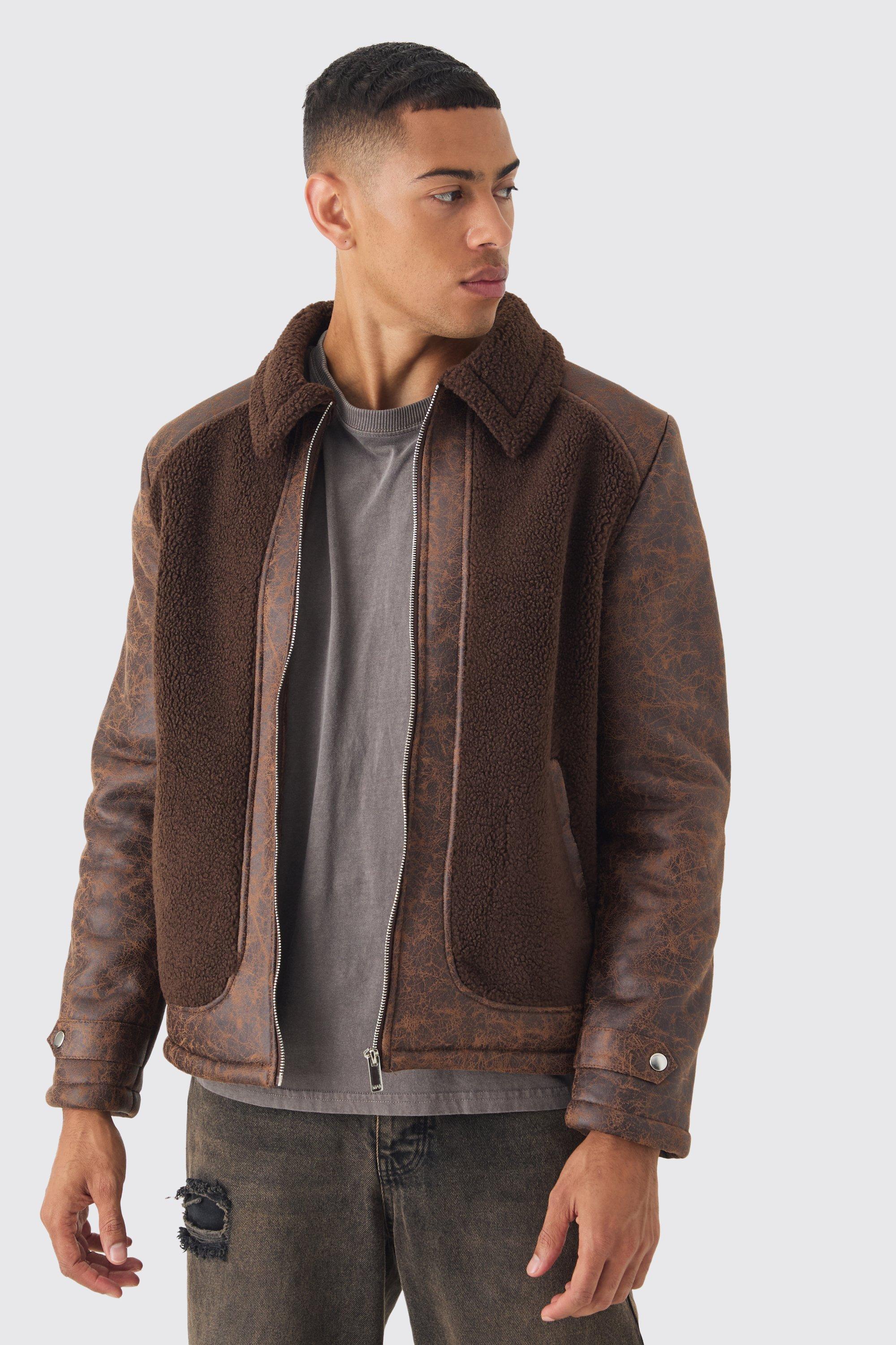 Giacca Harrington marrone slavata in PU e pannelli in pile borg, Brown