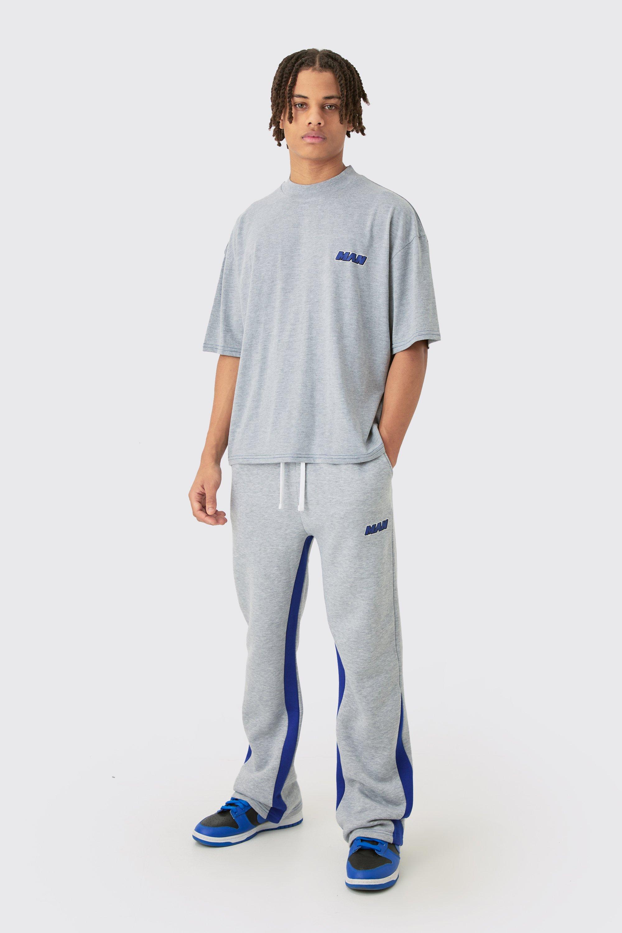 Image of Man Oversized Boxy Contrast Stitch T-shirt Gusset Jogger Set, Grigio