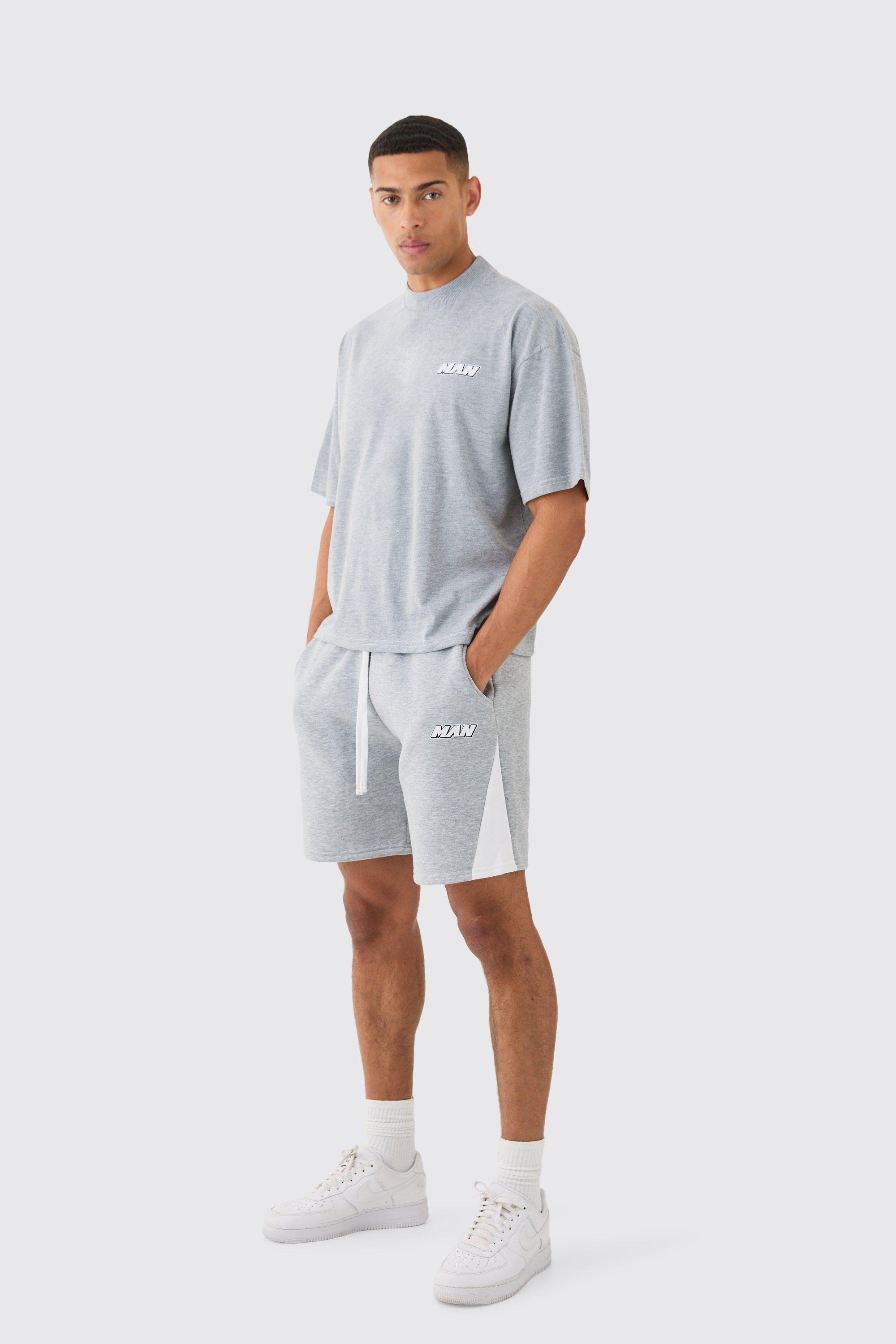 Image of Man Oversized Boxy Contrast Sitch T-shirt Gusset Shorts Set, Grigio