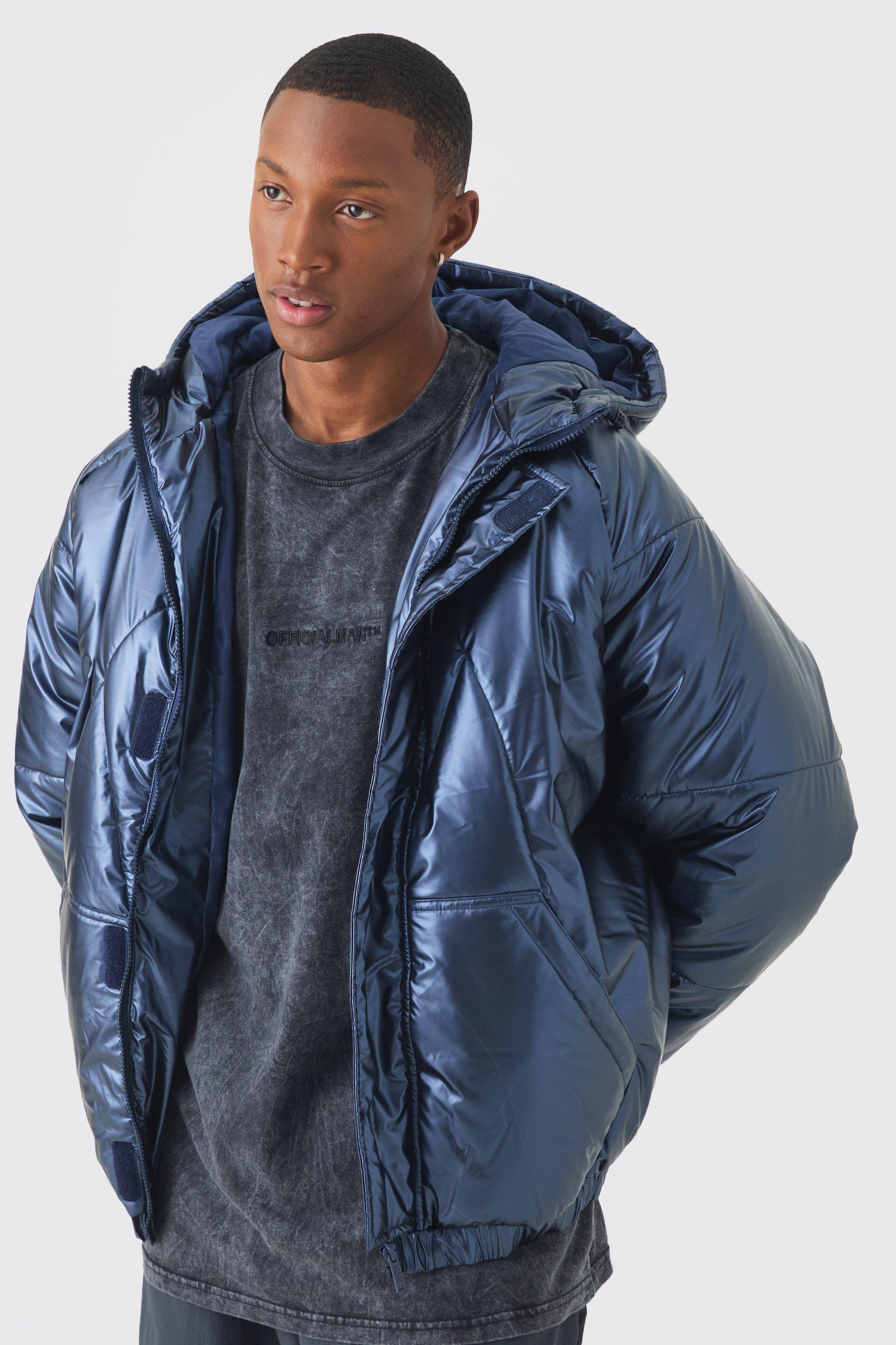 Mens Oversized Metallic Hooded Puffer In Navy, Navy