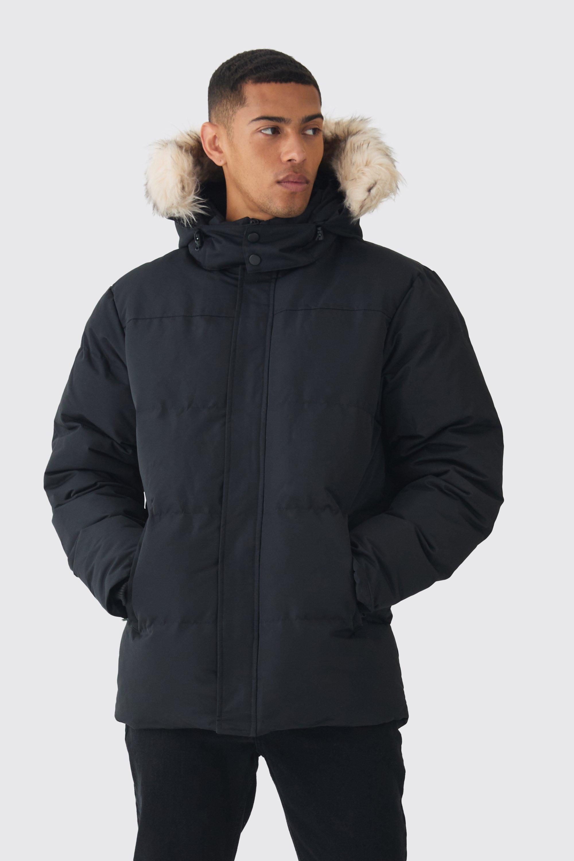 Mens Hooded Puffer With Removeable Faux Fur Trim In Black, Black
