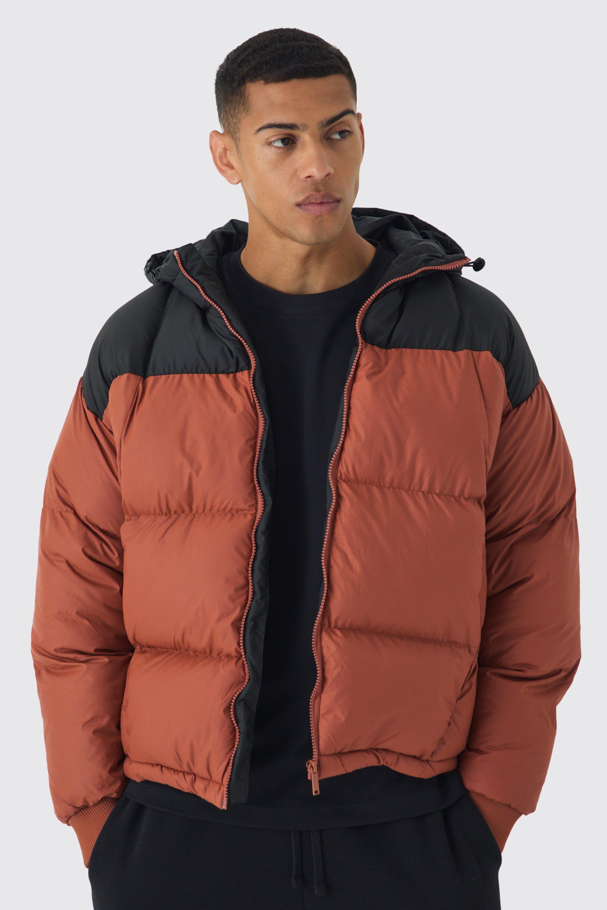 Mens Orange Boxy Curved Quilted Colour Block Hooded Puffer In Rust, Orange