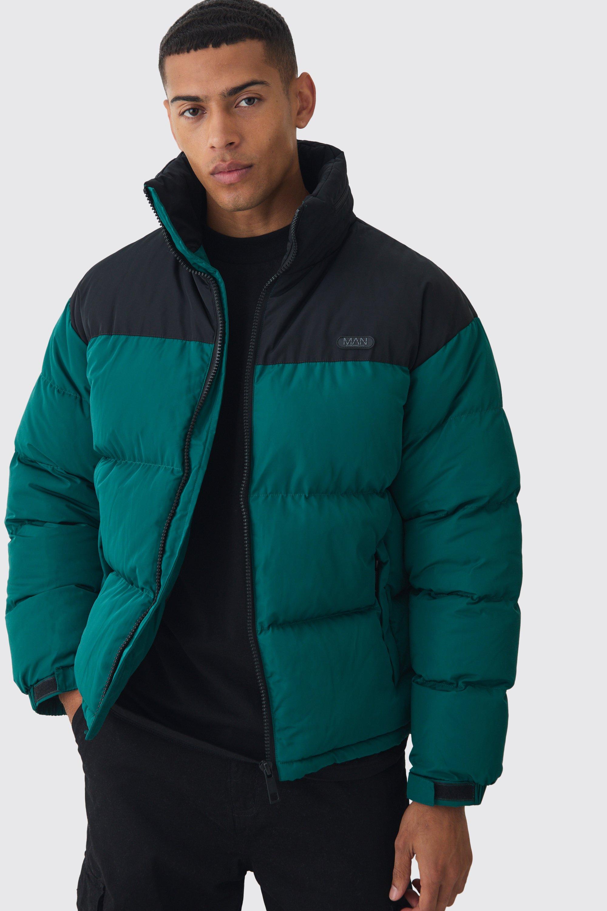 Cappotto piumino verde con etichetta Man a blocchi di colore e cappuccio nascosto, Verde