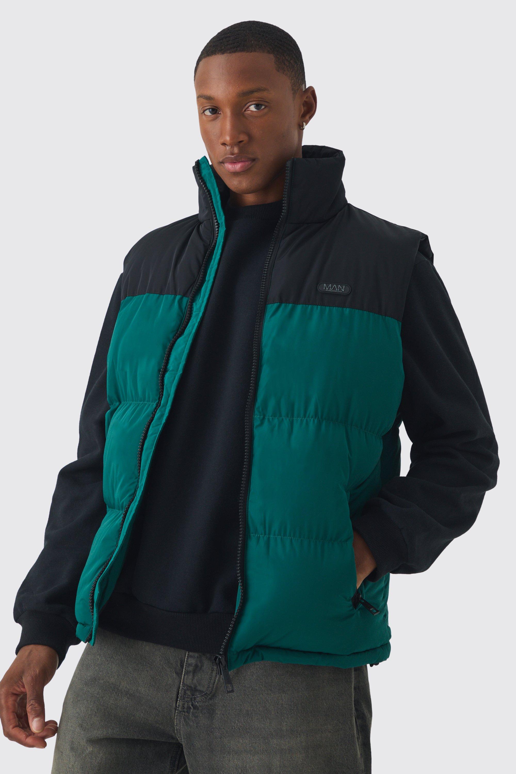 Boohoo Man Gewatteerde Color Block Bodywarmer Met Hoge Kraag En Label In Groen, Green