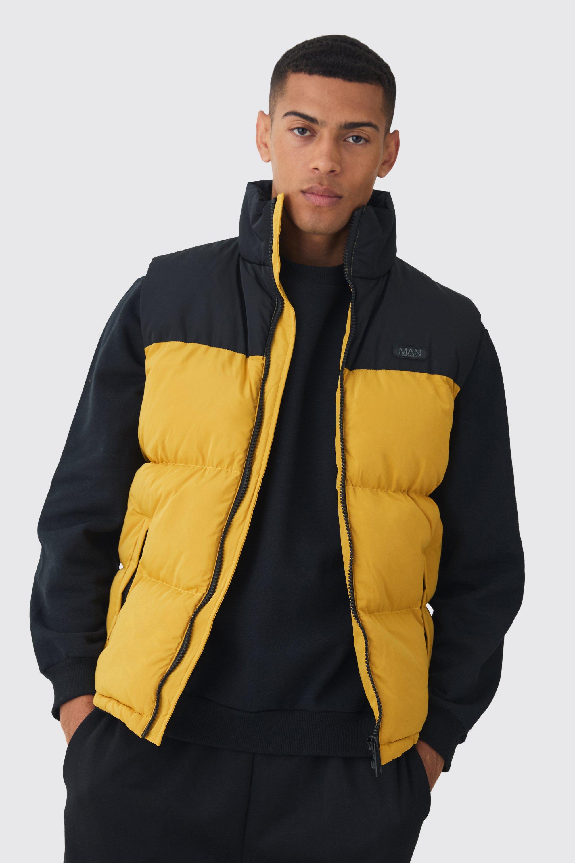 Boohoo Man Gewatteerde Color Block Bodywarmer Met Hoge Kraag En Label In Mosterdkleur, Mustard