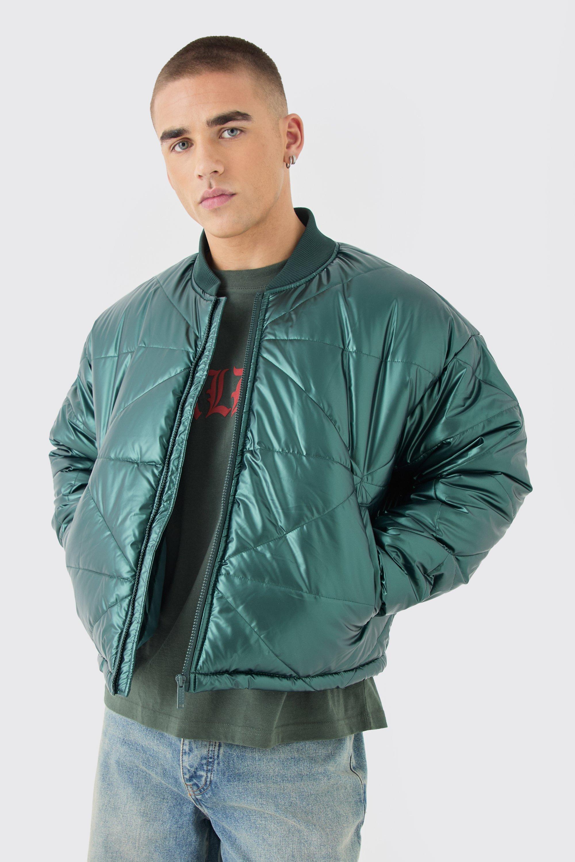 Bomber squadrato verde metallizzato trapuntato in fantasia astratta, Verde