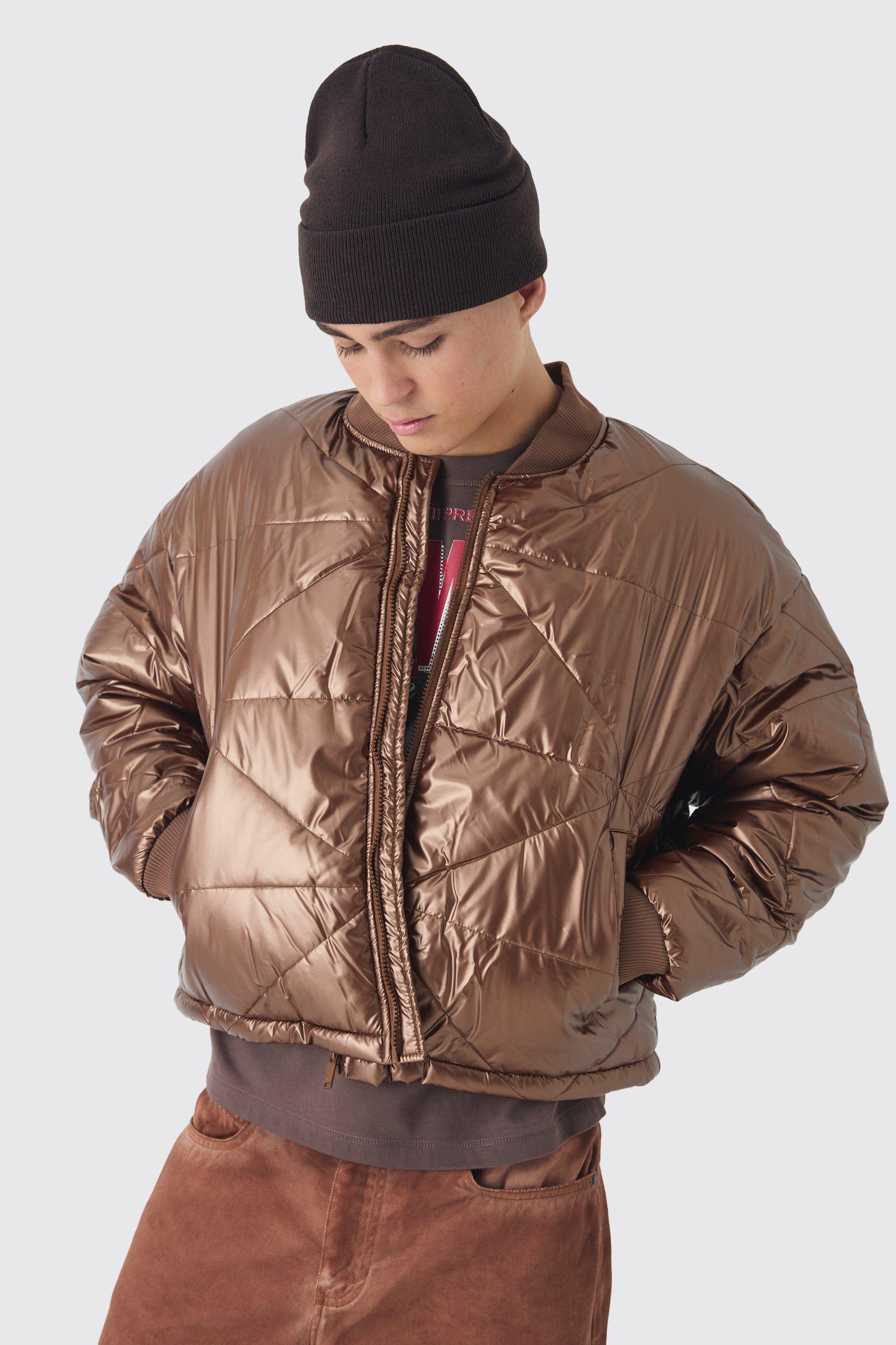 Giacca Bomber squadrata metallizzata in fantasia astratta trapuntata color cuoio, Brown