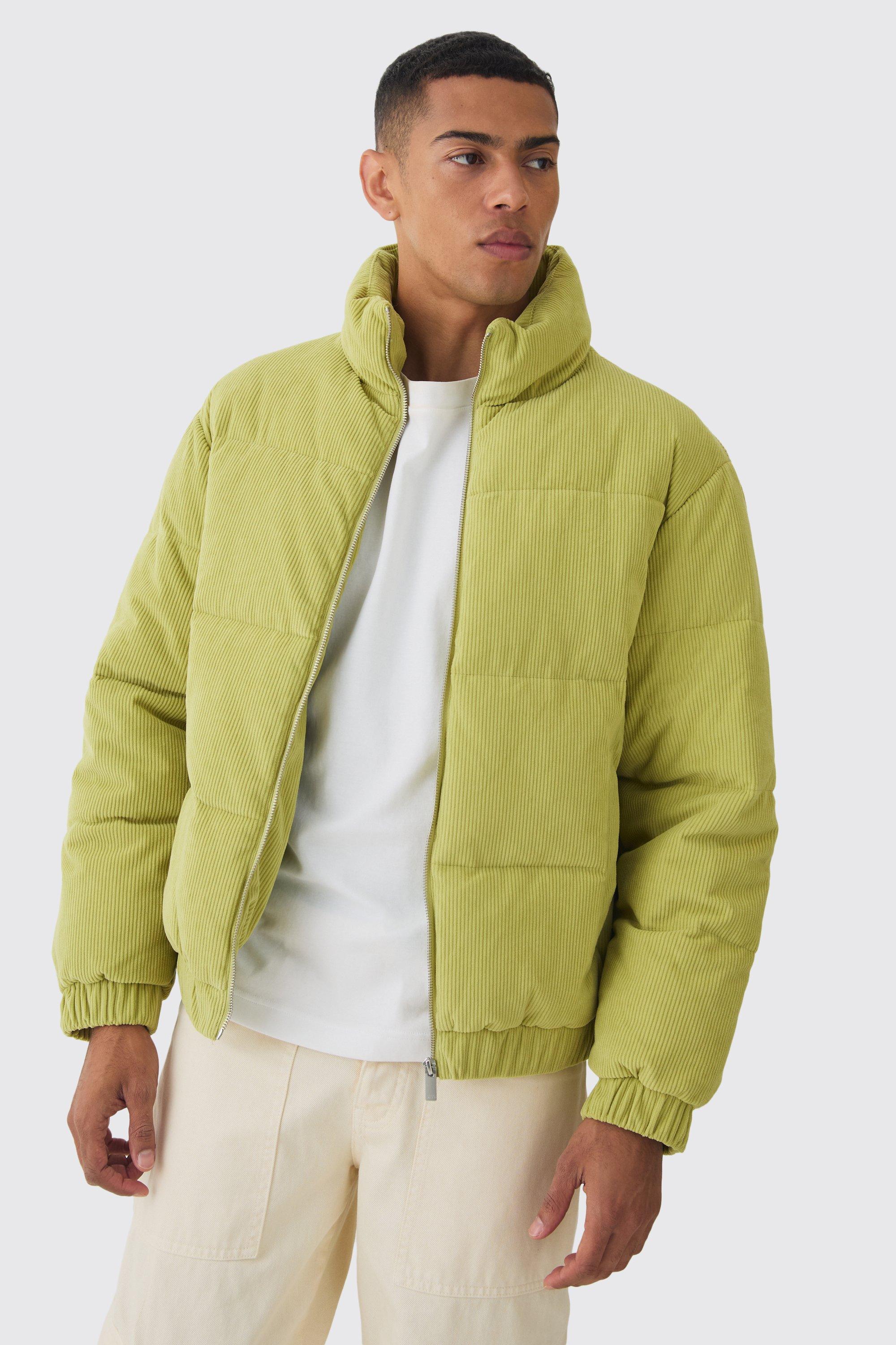 Mens Green Cord Funnel Neck Puffer Coat In Lime, Green