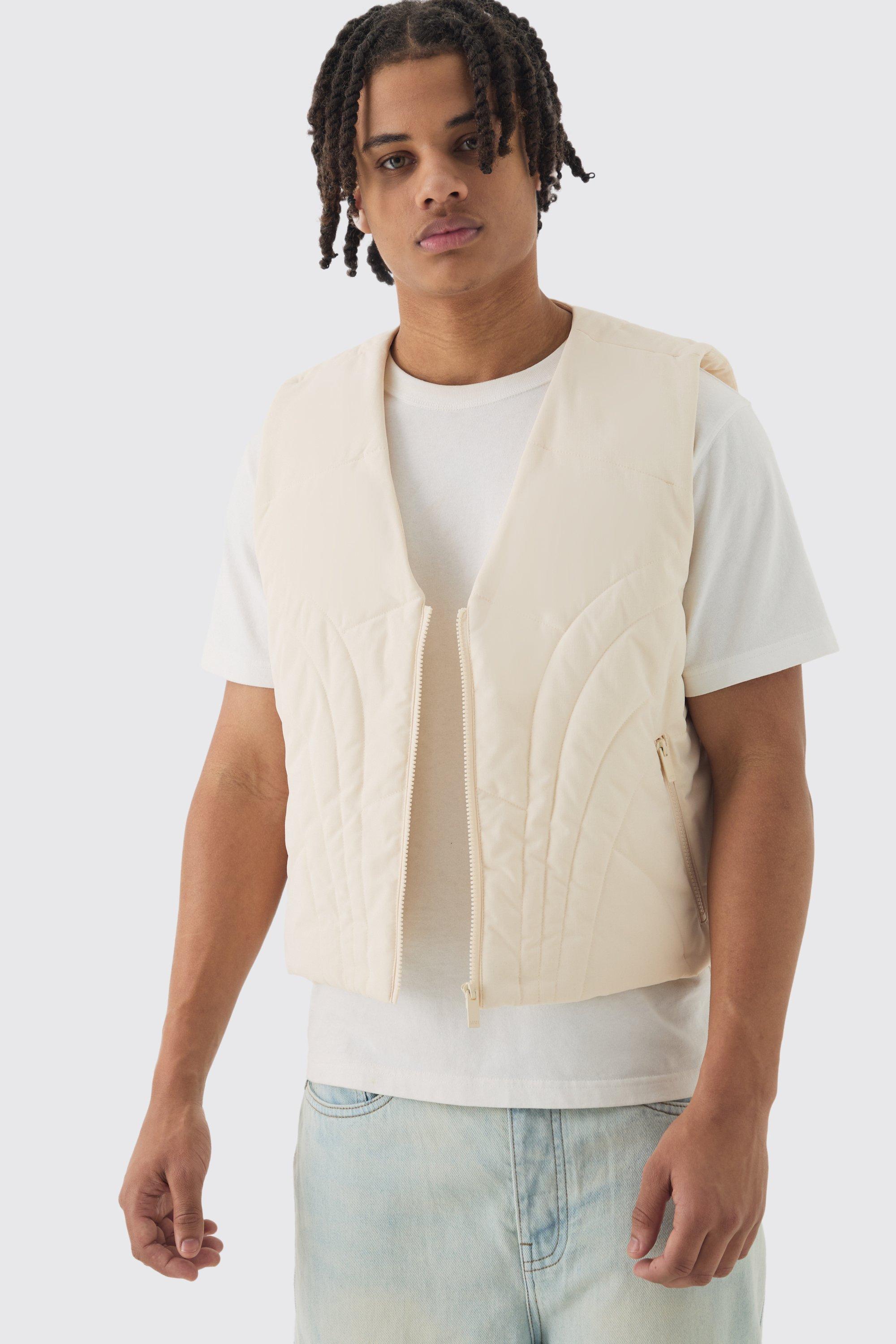 Mens Cream Boxy Abstract Quilted Gilet In Ecru, Cream