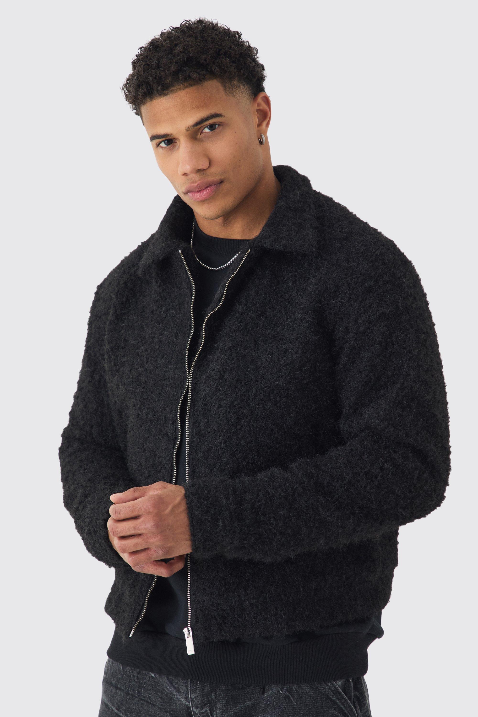 Mens Boxy Fluffy Texture Harrington In Black, Black