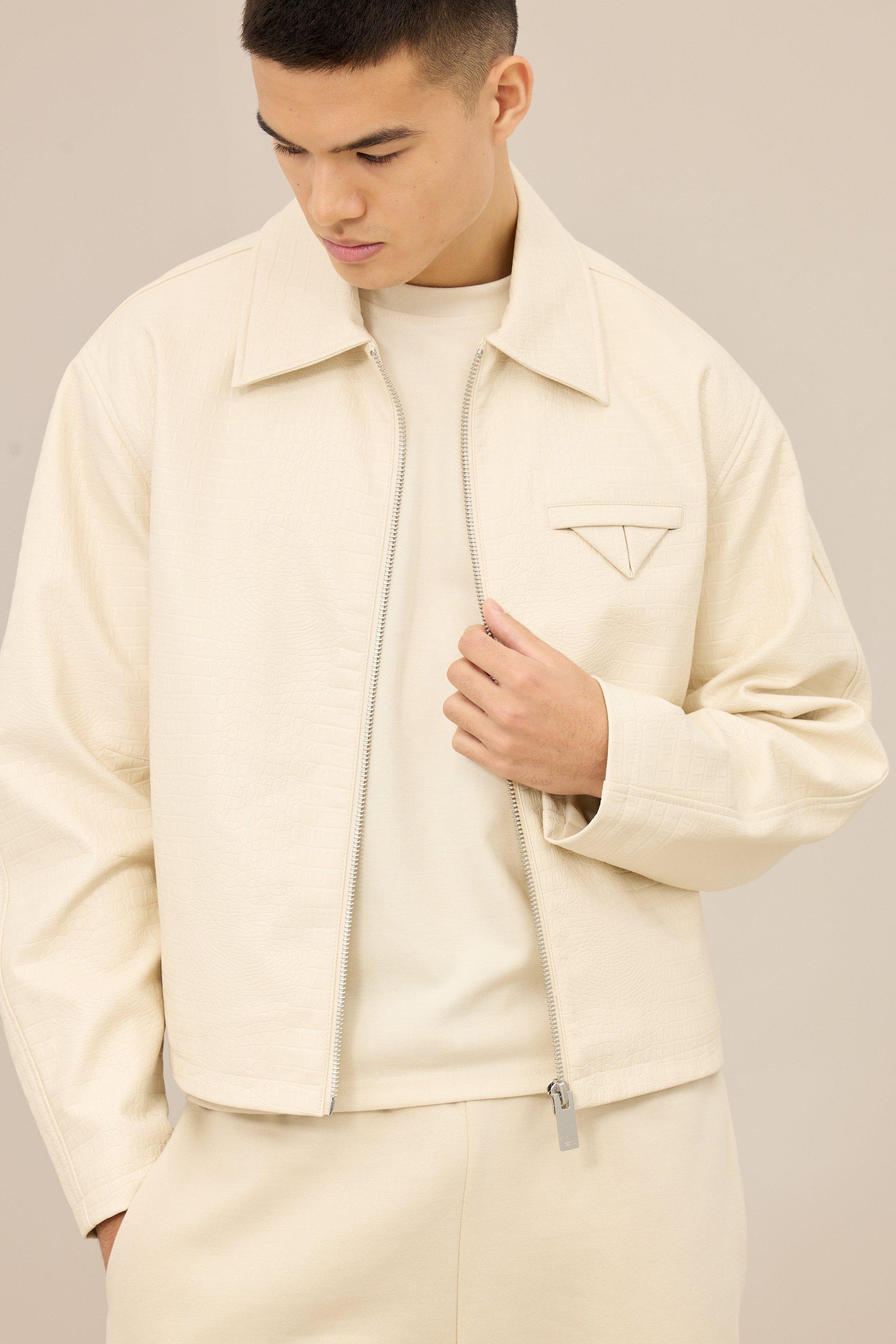 Giacca Bomber squadrata in PU con trama e colletto ecru, Cream