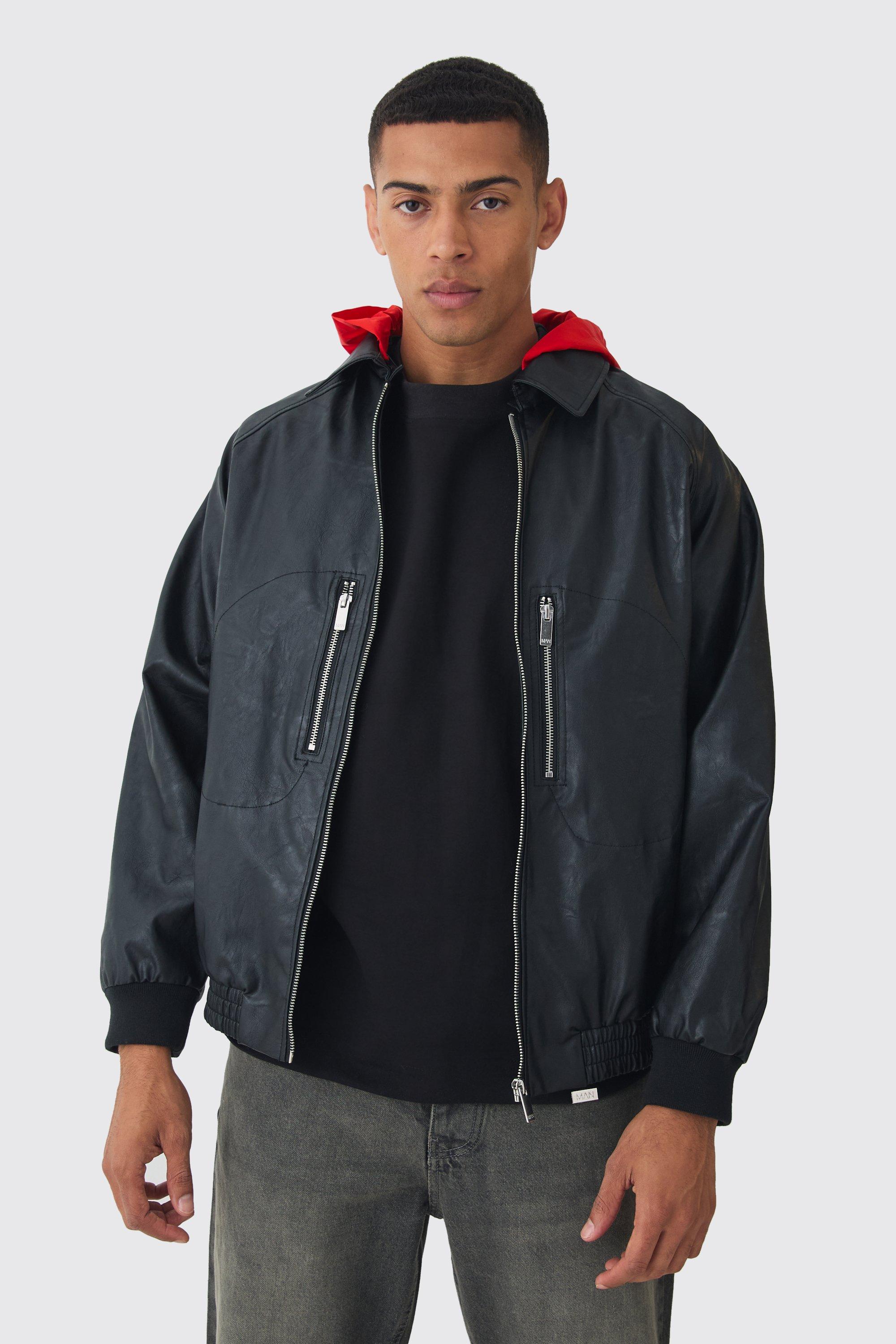 Mens Collared Pu Bomber Jacket With Detachable Hood In Black, Black