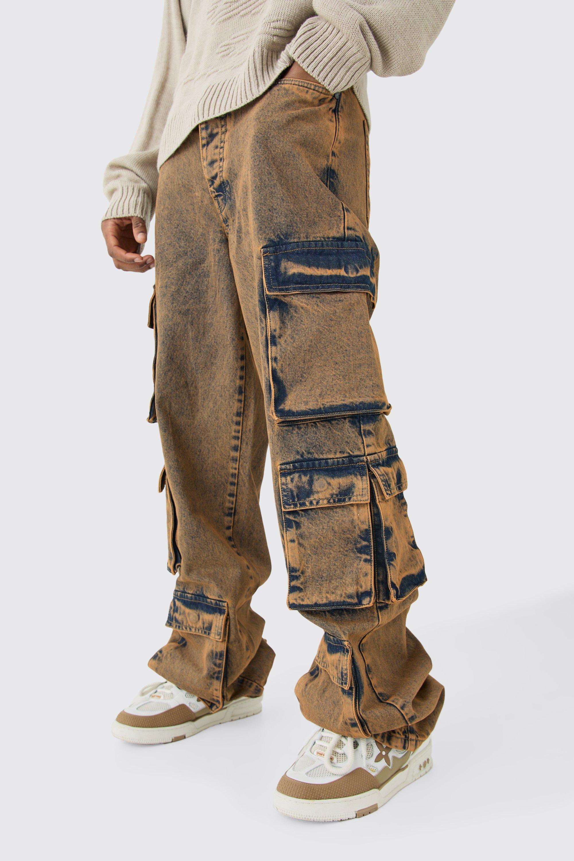 Mens Grey Tall Baggy Fit Acid Wash Cargo Jeans, Grey
