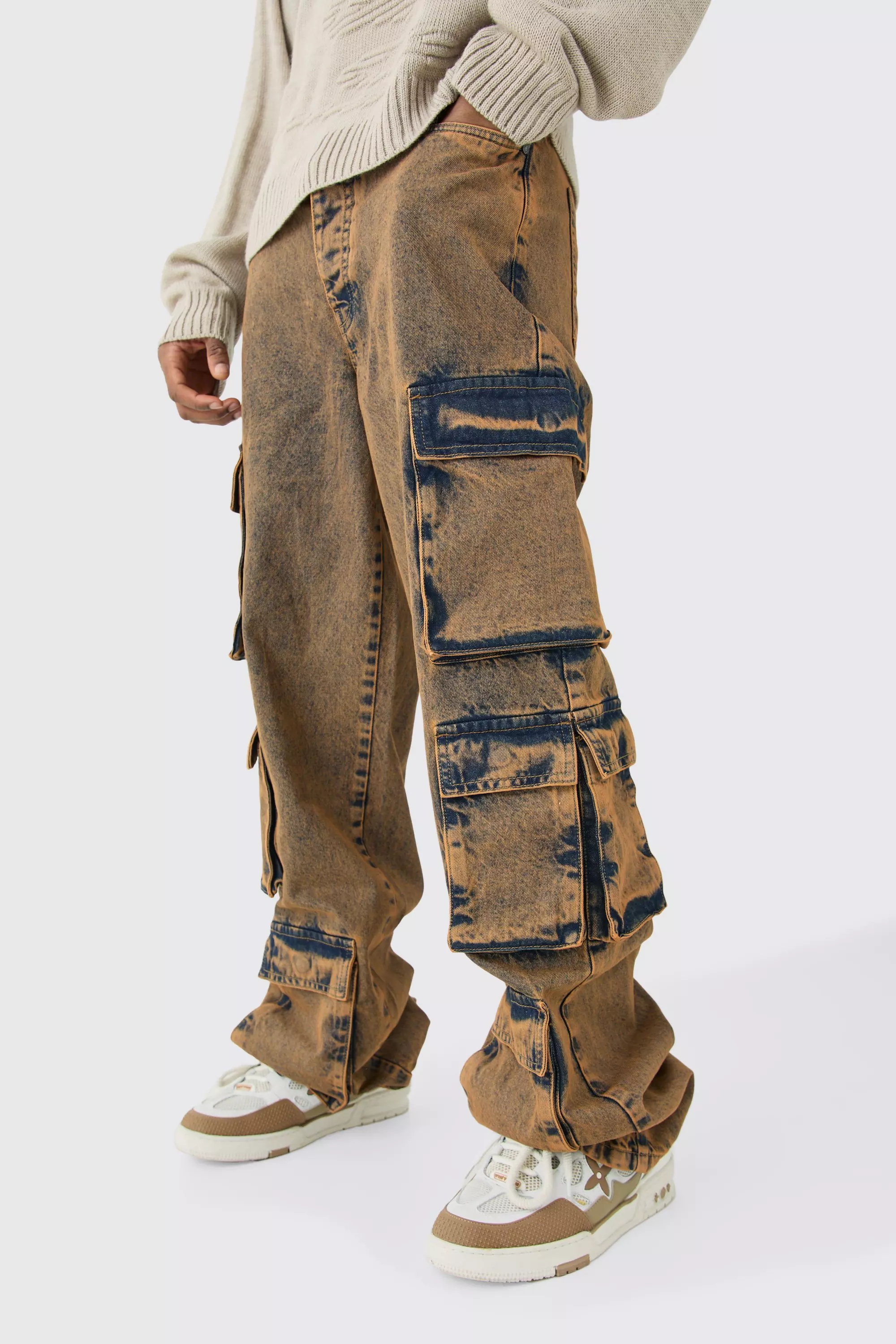 Tall Baggy Fit Acid Wash Cargo Jeans