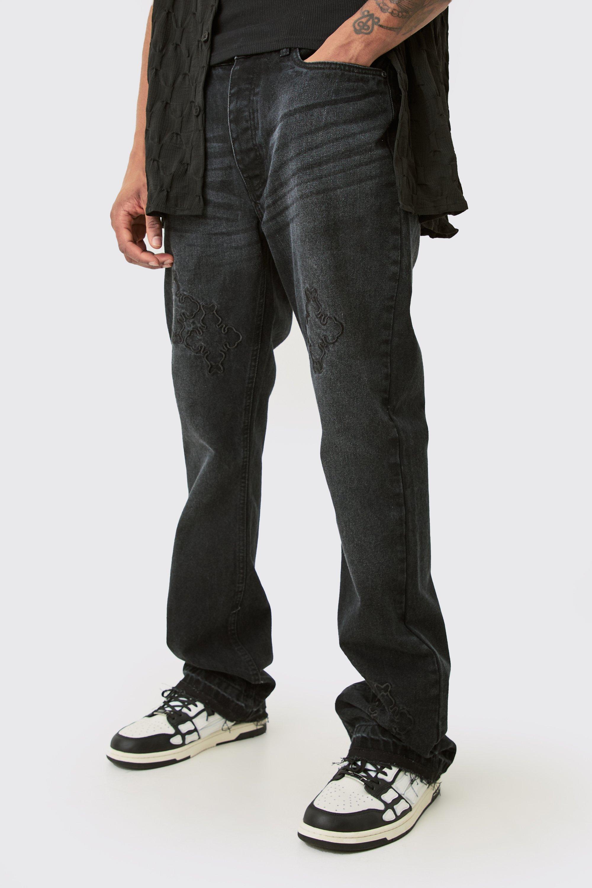 Mens Black Tall Slim Rigid Flare Cross Applique Jean, Black