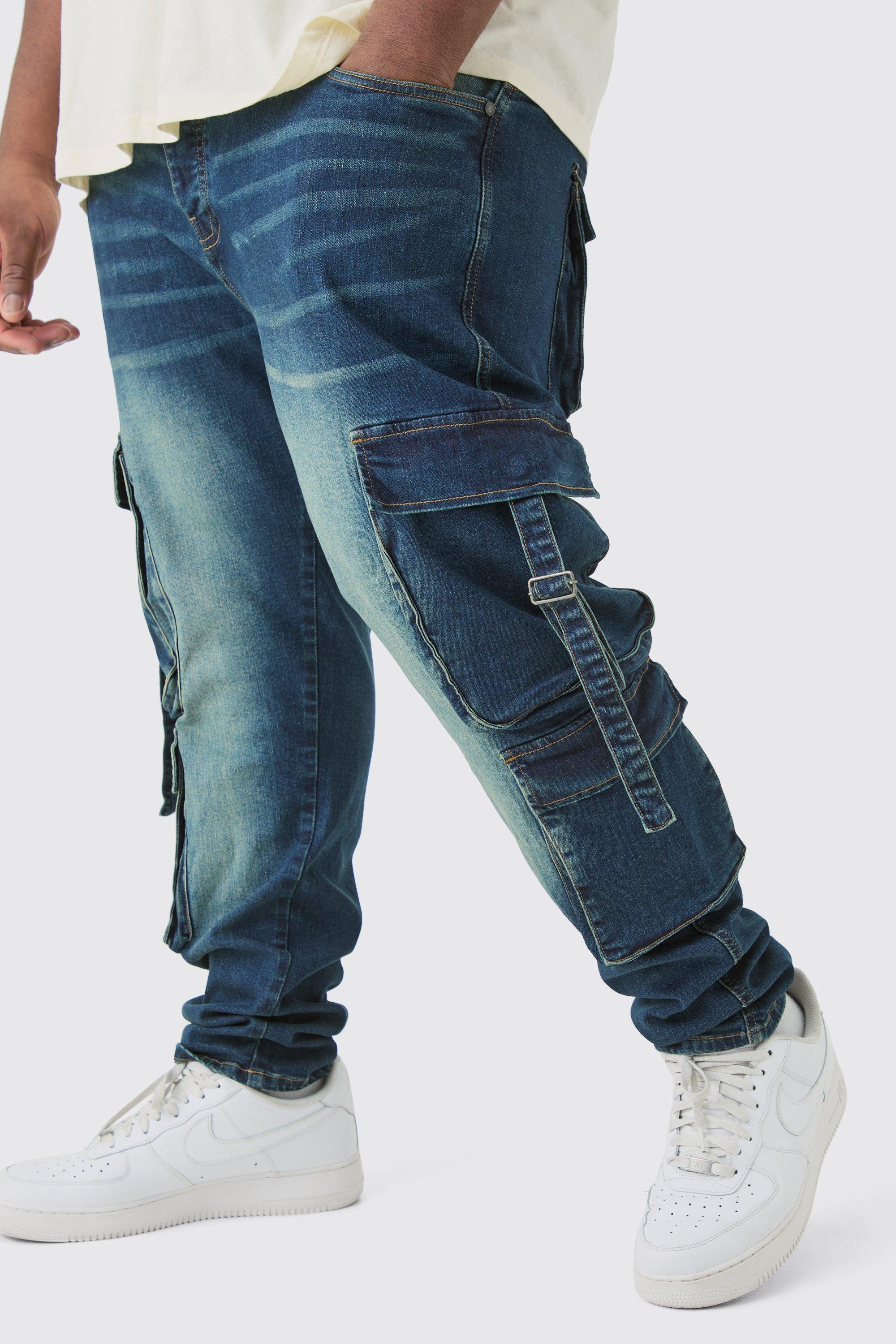 Image of Plus Dark Wash Stretch Skinny Cargo Pocket Detail Jean, Grigio