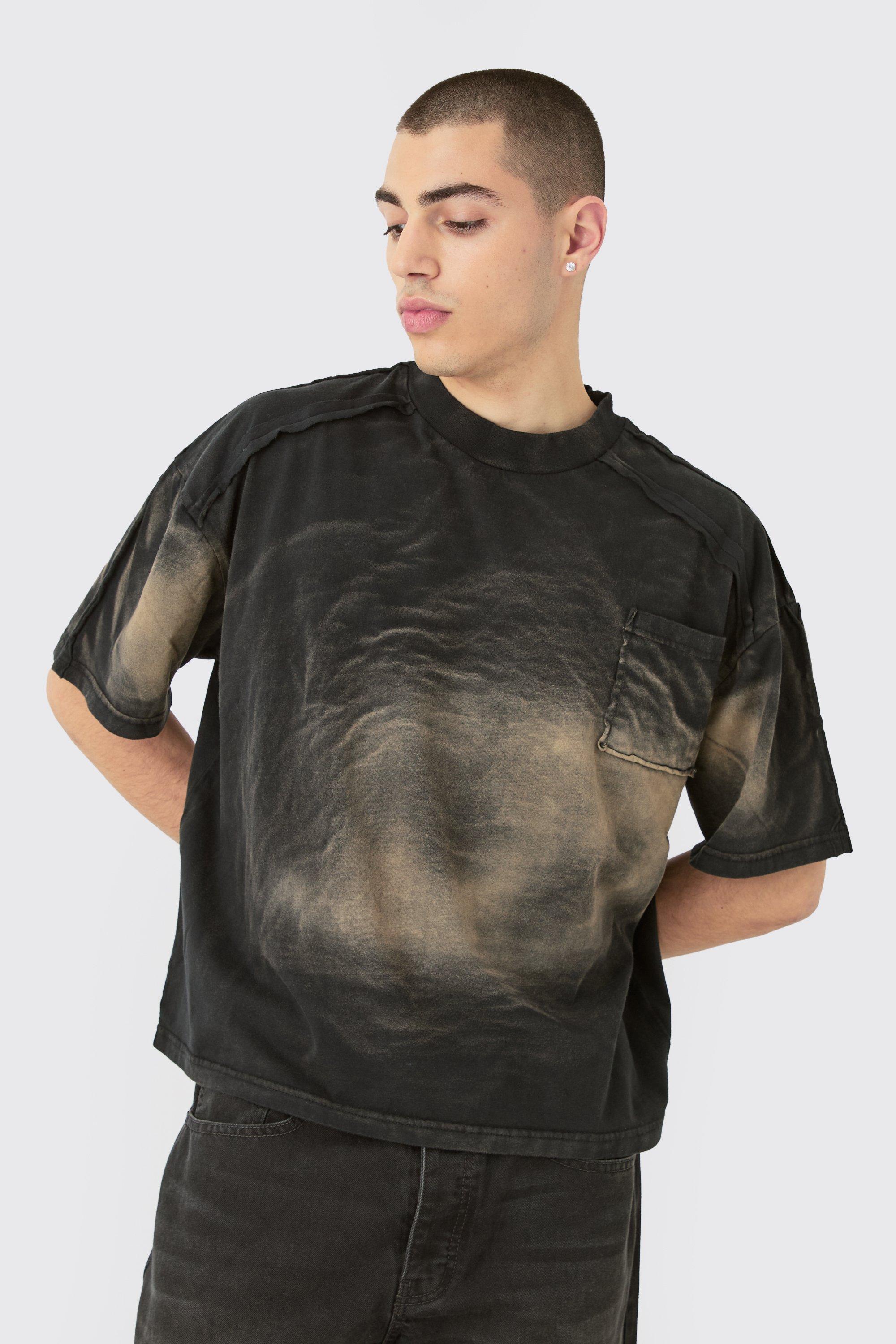 T-shirt squadrata oversize slavata con girocollo esteso, Nero