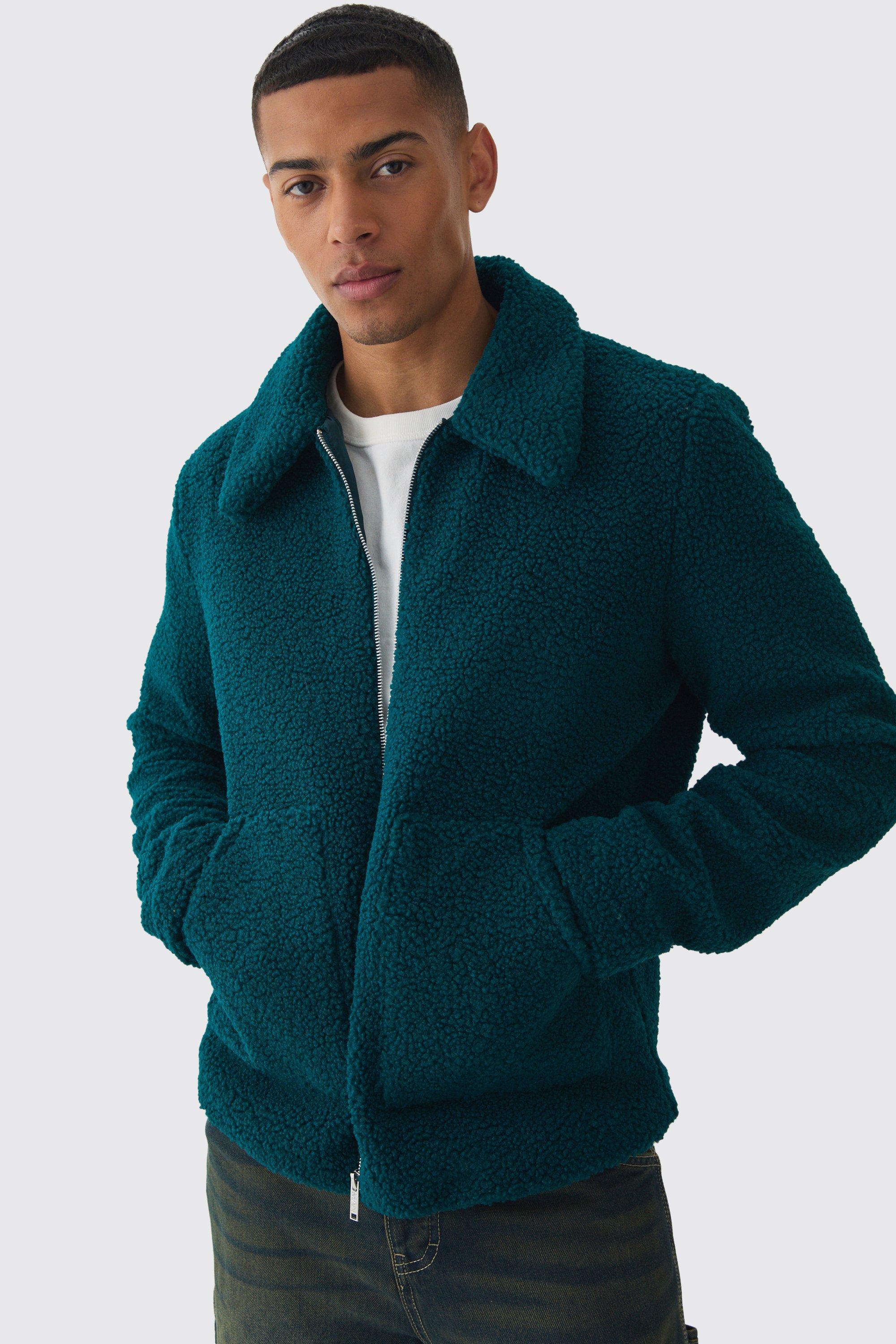 Mens Green Borg Harrington Jacket In Teal, Green