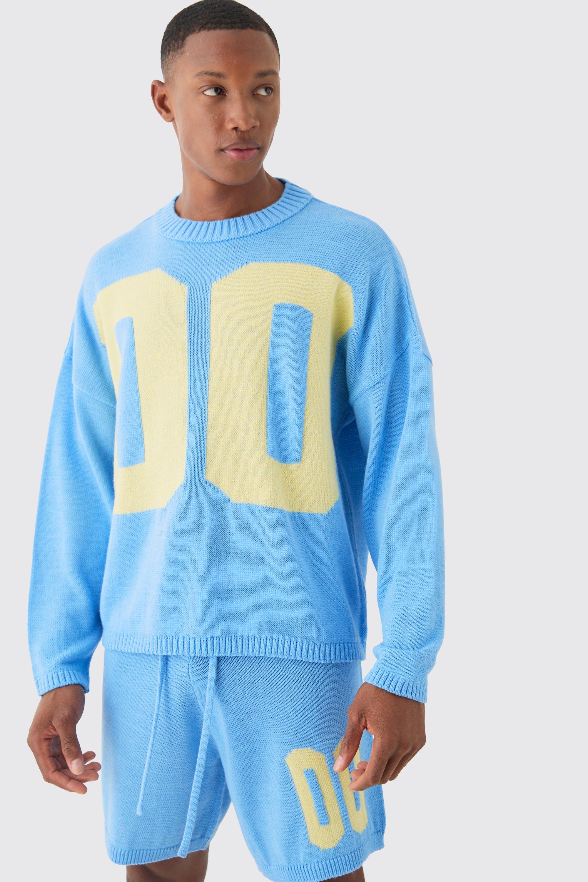 Mens Blue Oversized Boxy Varsity Knit Jumper, Blue