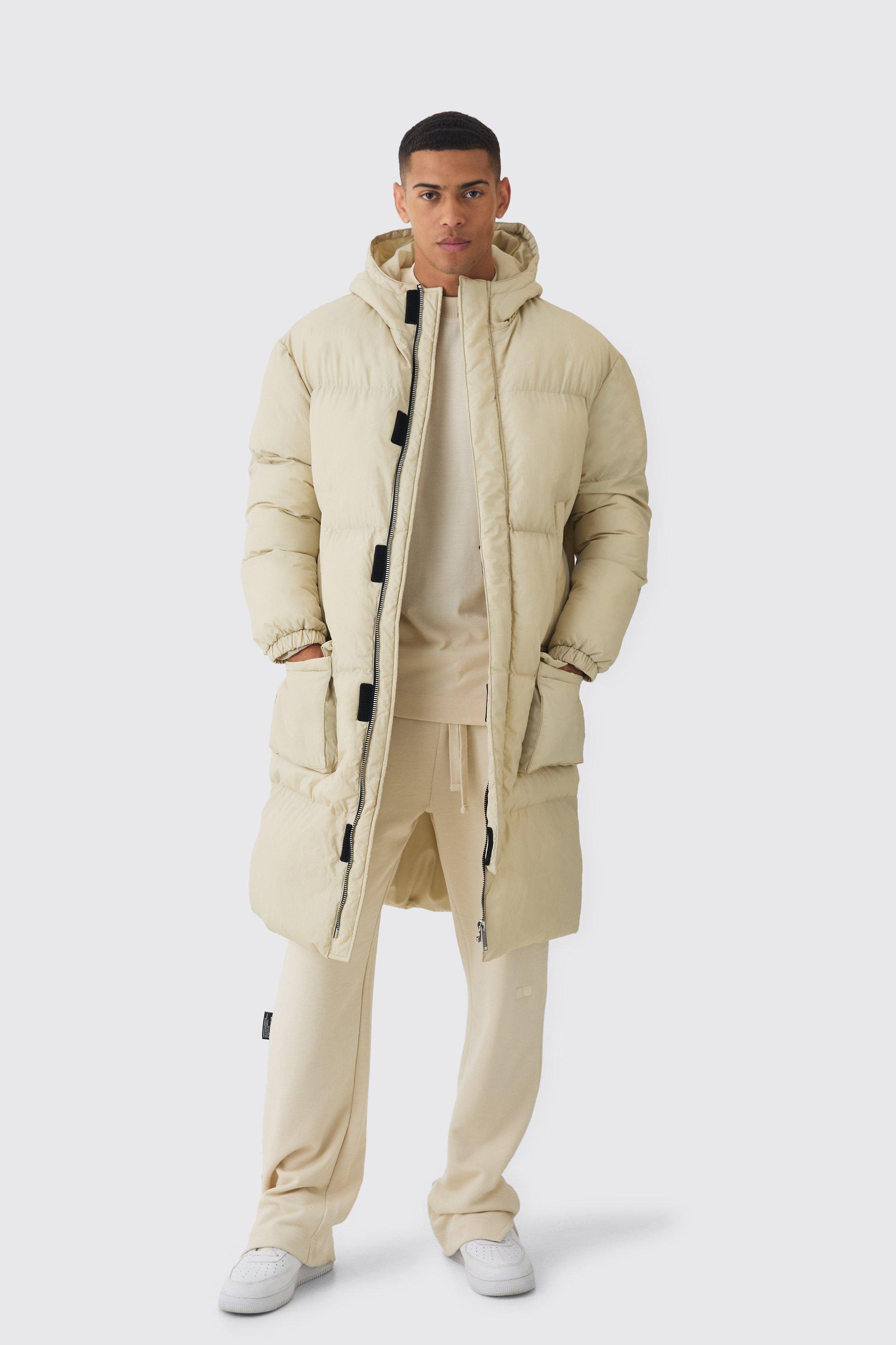 Mens Cream 4 Pocket Longline Hooded Puffer In Ecru, Cream