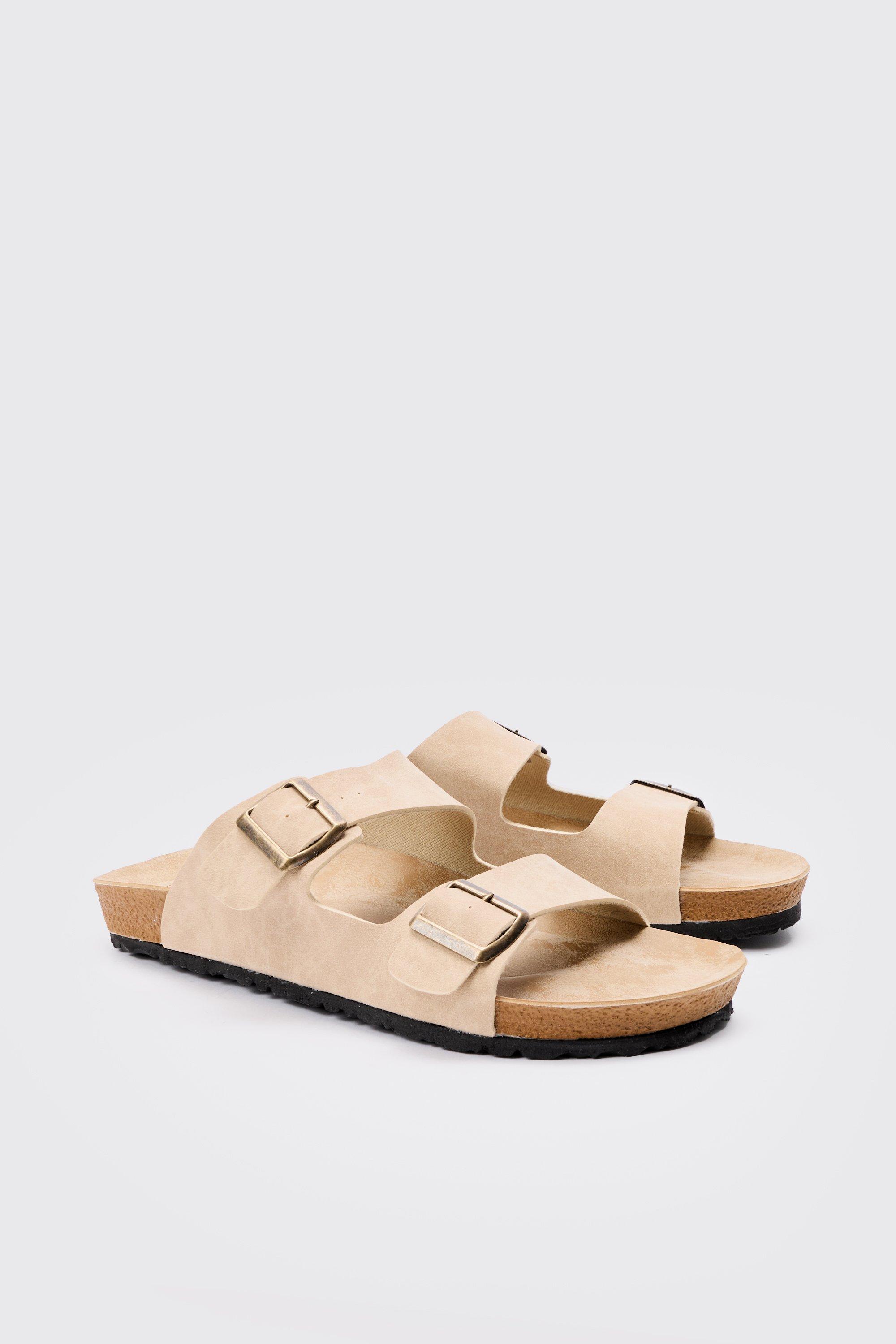 Image of Faux Suede Double Buckle Sandals In Taupe, Beige