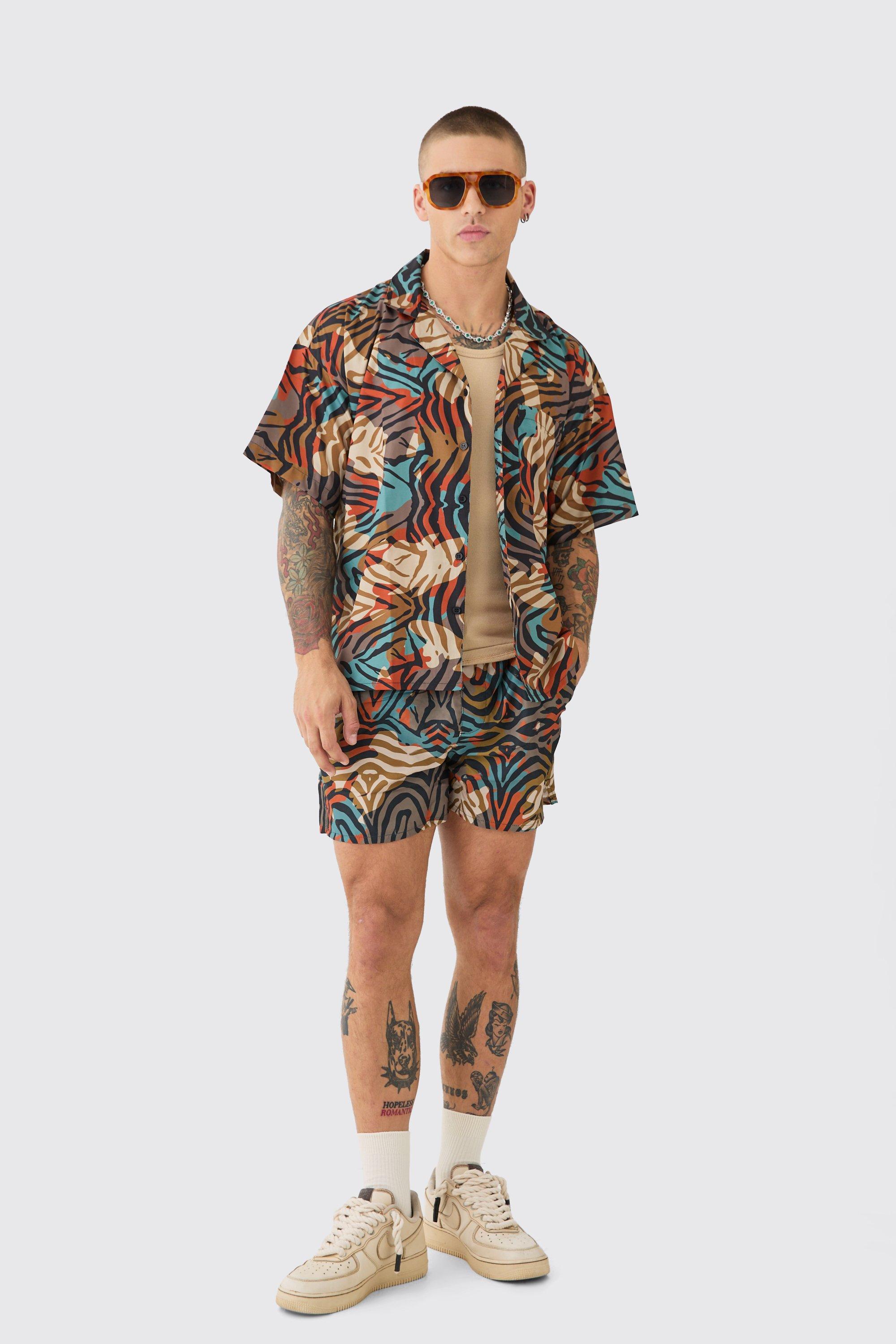 Mens Multi Tiger Print Shirt & Swim Short Set, Multi