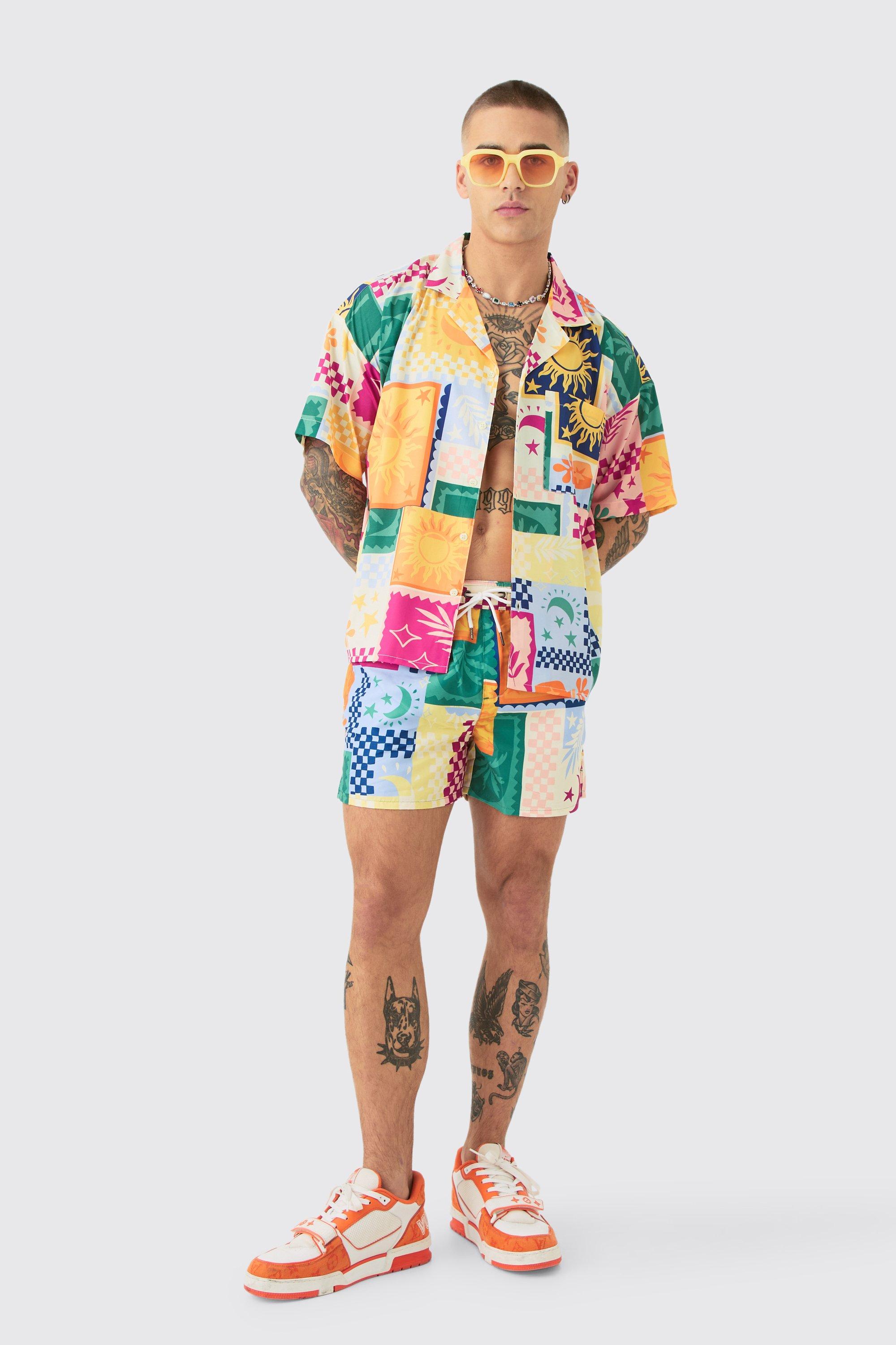 Image of Palm Tree Tile Shirt & Swim Short Set, Multi