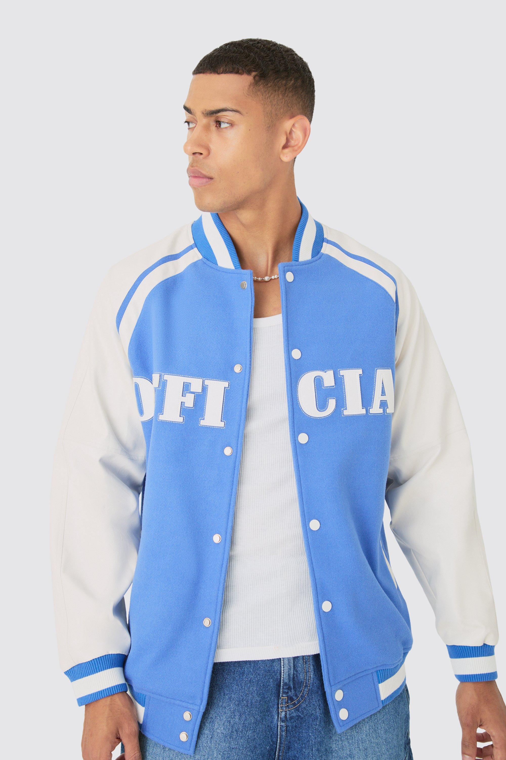 Giacca stile Varsity Official con stemma e maniche raglan in PU color azzurro, Azzurro