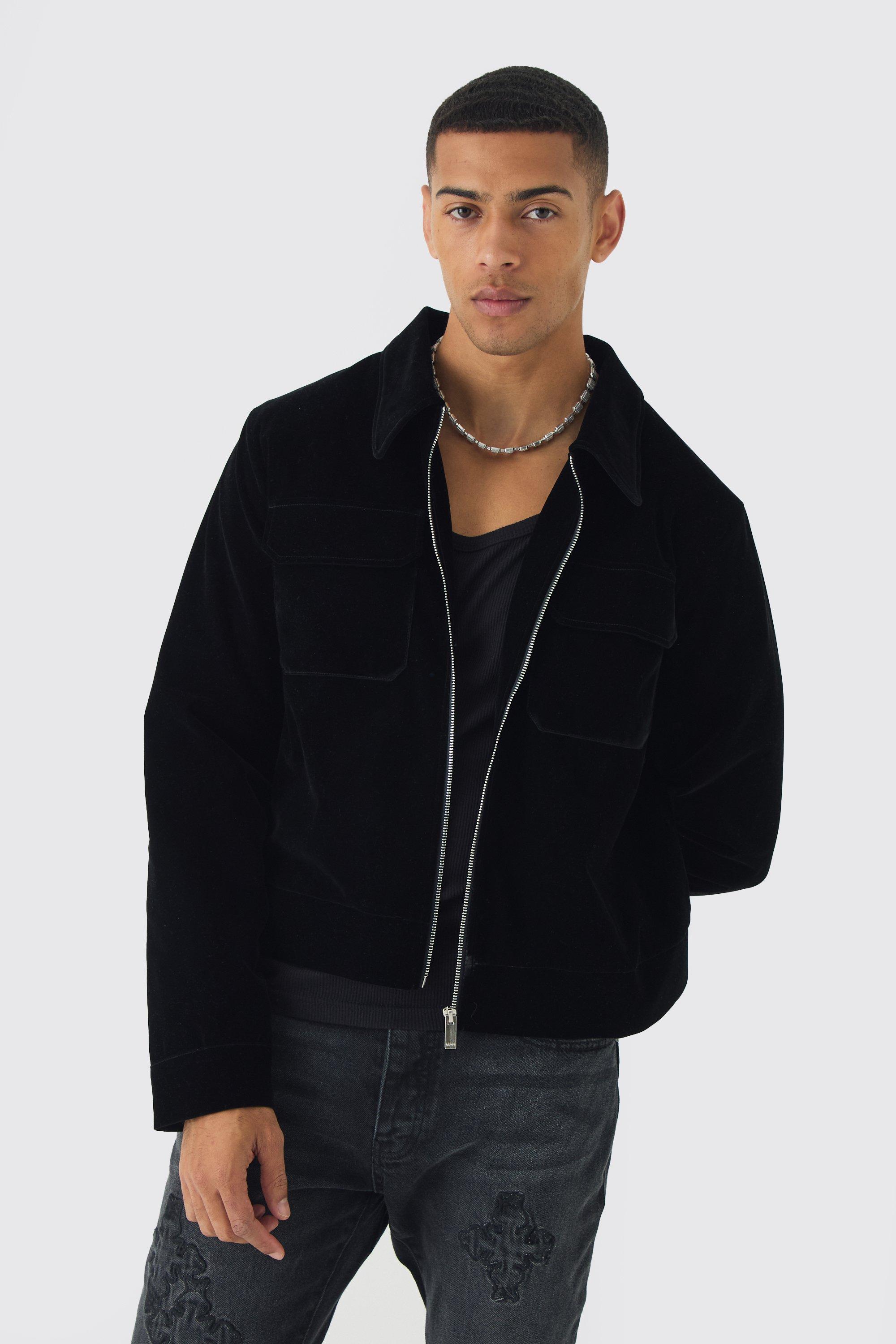 Mens Velour Trucker Jacket In Black, Black